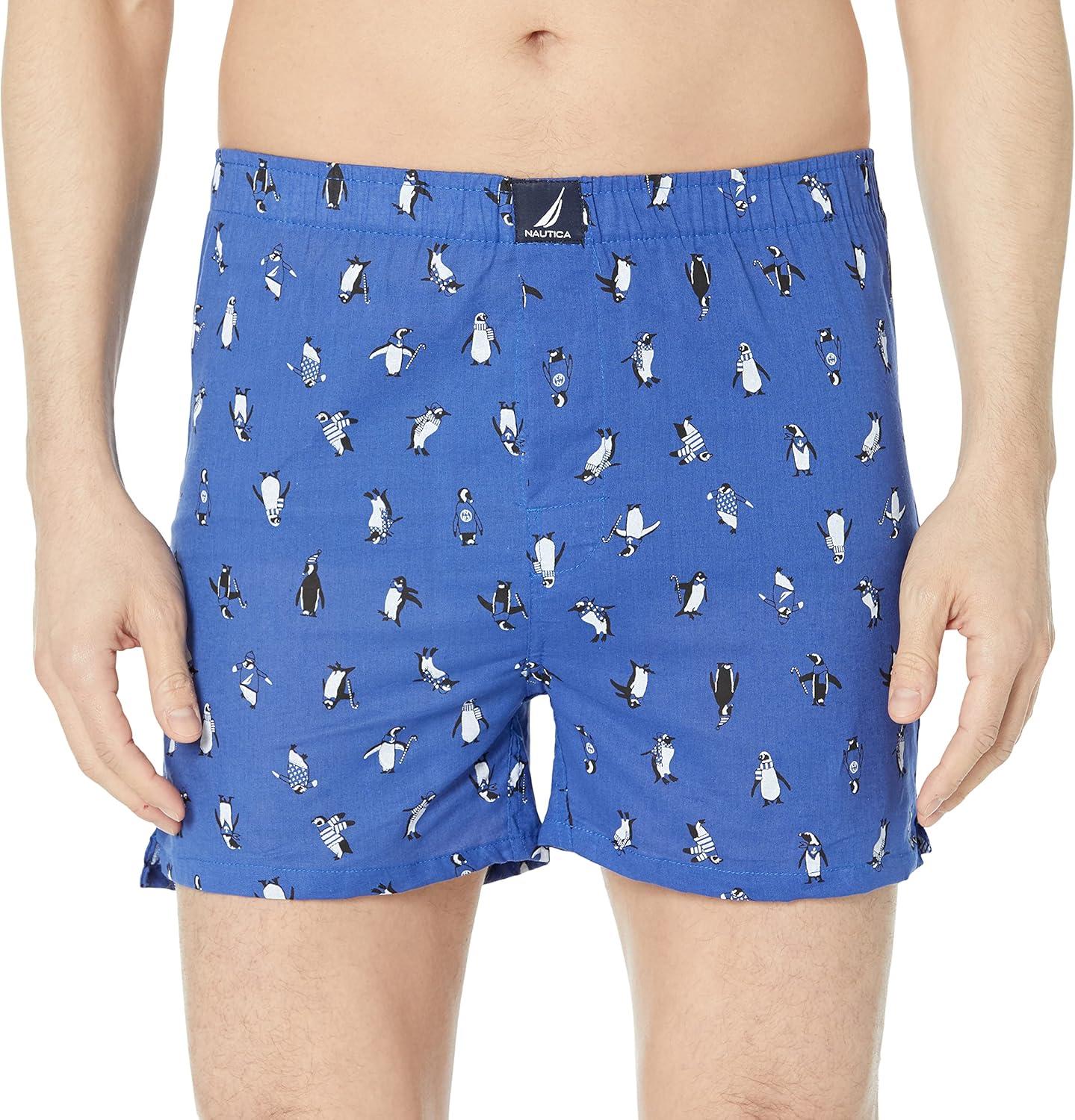 imageNautica Mens Classic Cotton 3Pack Woven BoxersPeacoatCoastal SkyPenguinsocean Lapis