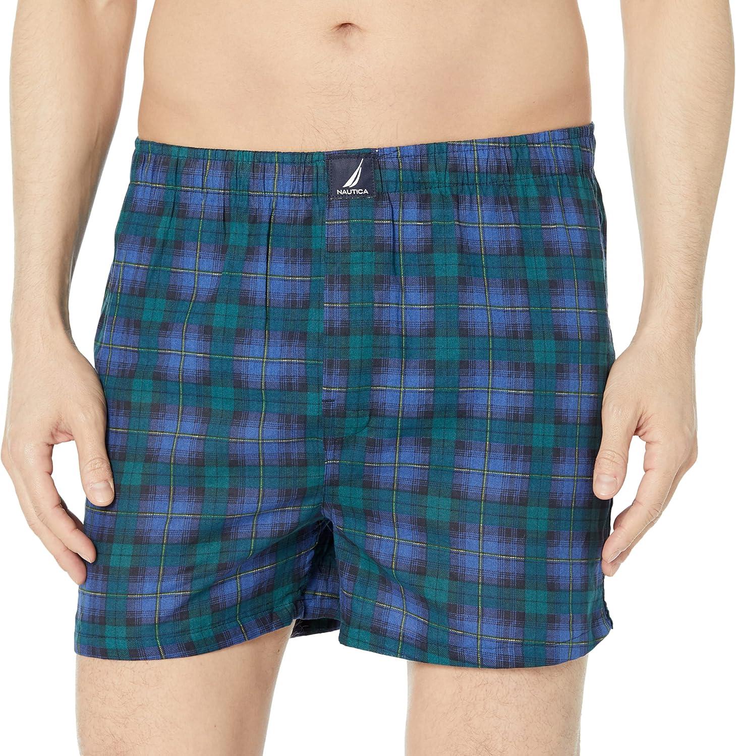 imageNautica Mens Classic Cotton 3Pack Woven BoxersPeacoatNautica RedHoliday Plaidwindsurf