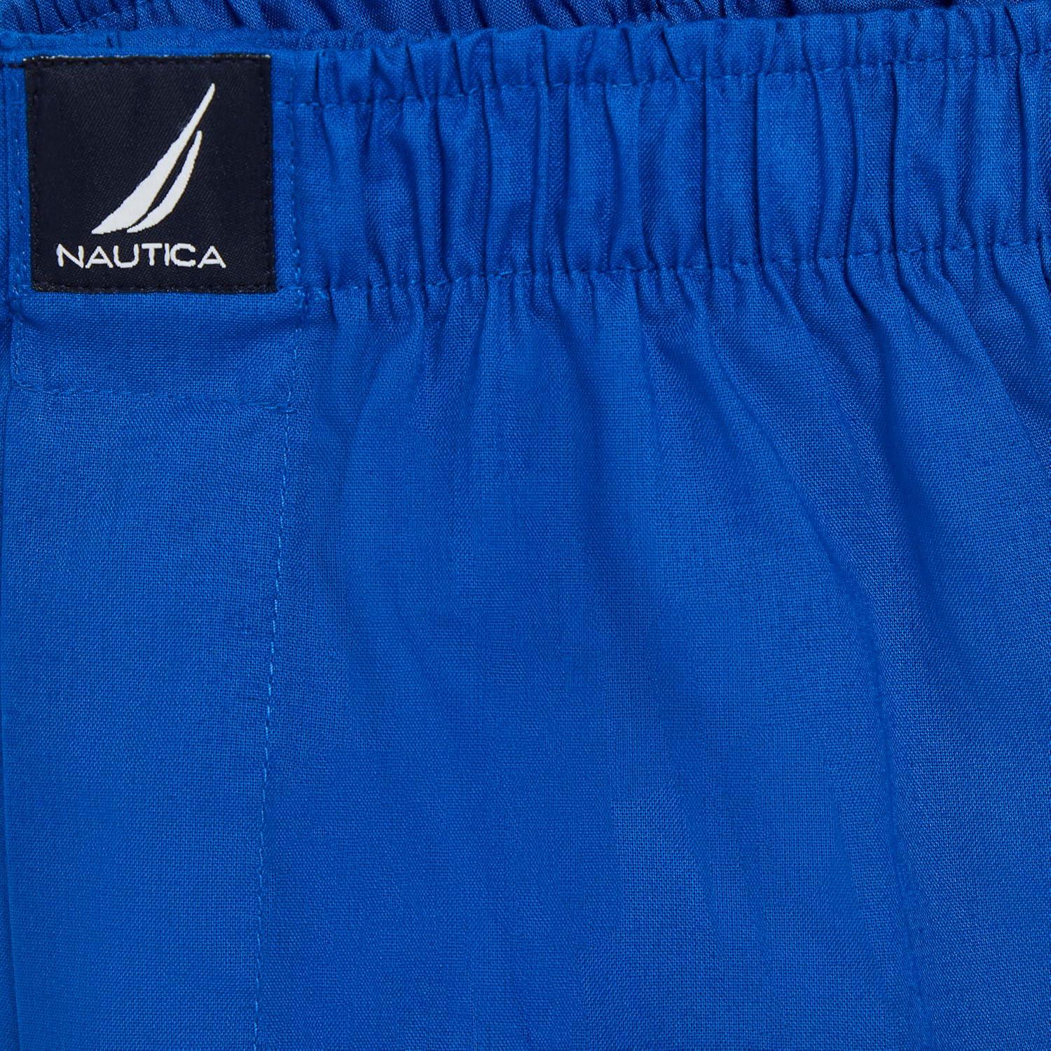 imageNautica Mens Classic Cotton 3Pack Woven BoxersPeacoatSea CobaltAero Blue White J Class Logo