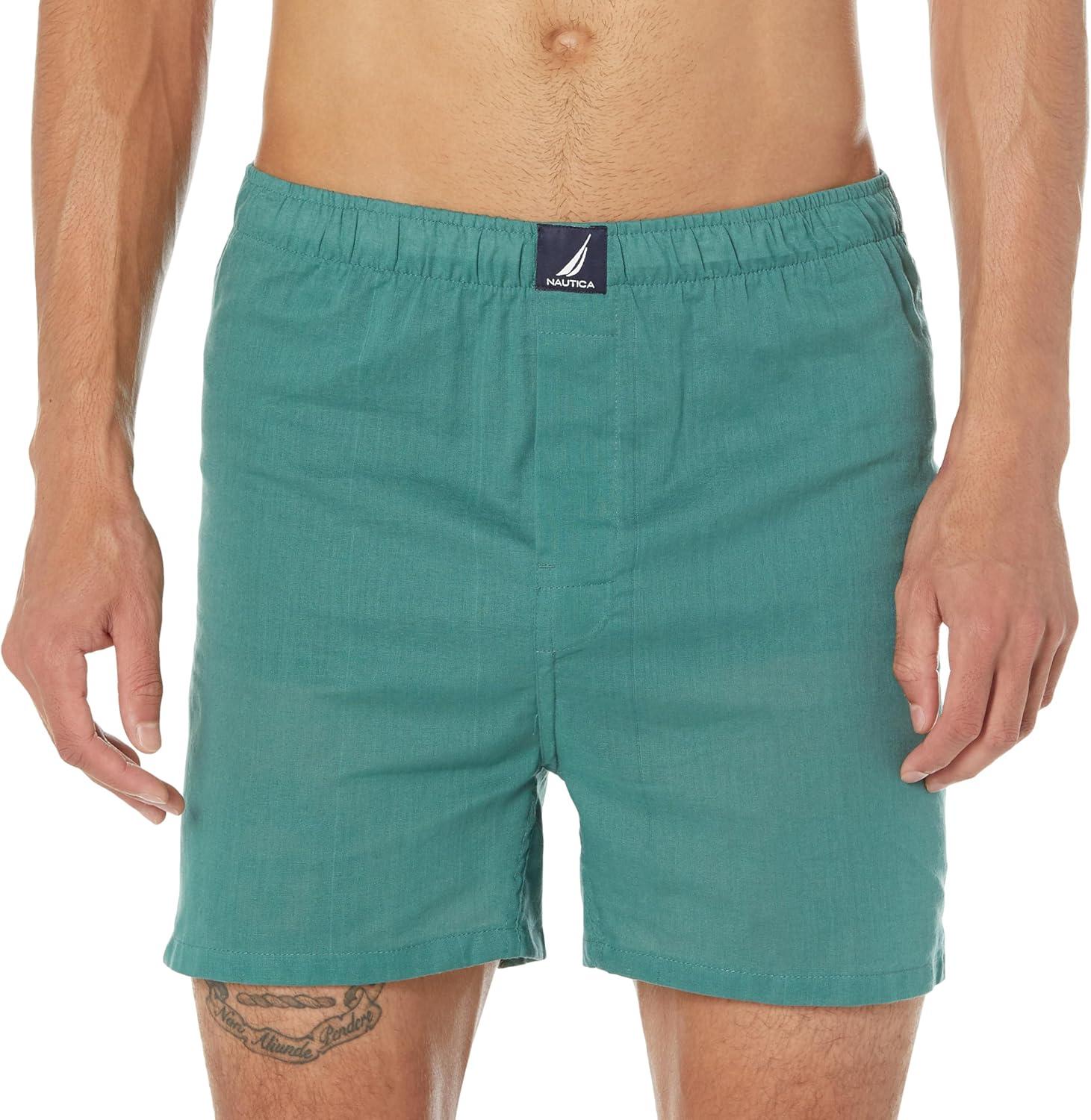 imageNautica Mens Classic Cotton 3Pack Woven BoxersPeacoatTidal GreenSailsnautica Red Holiday