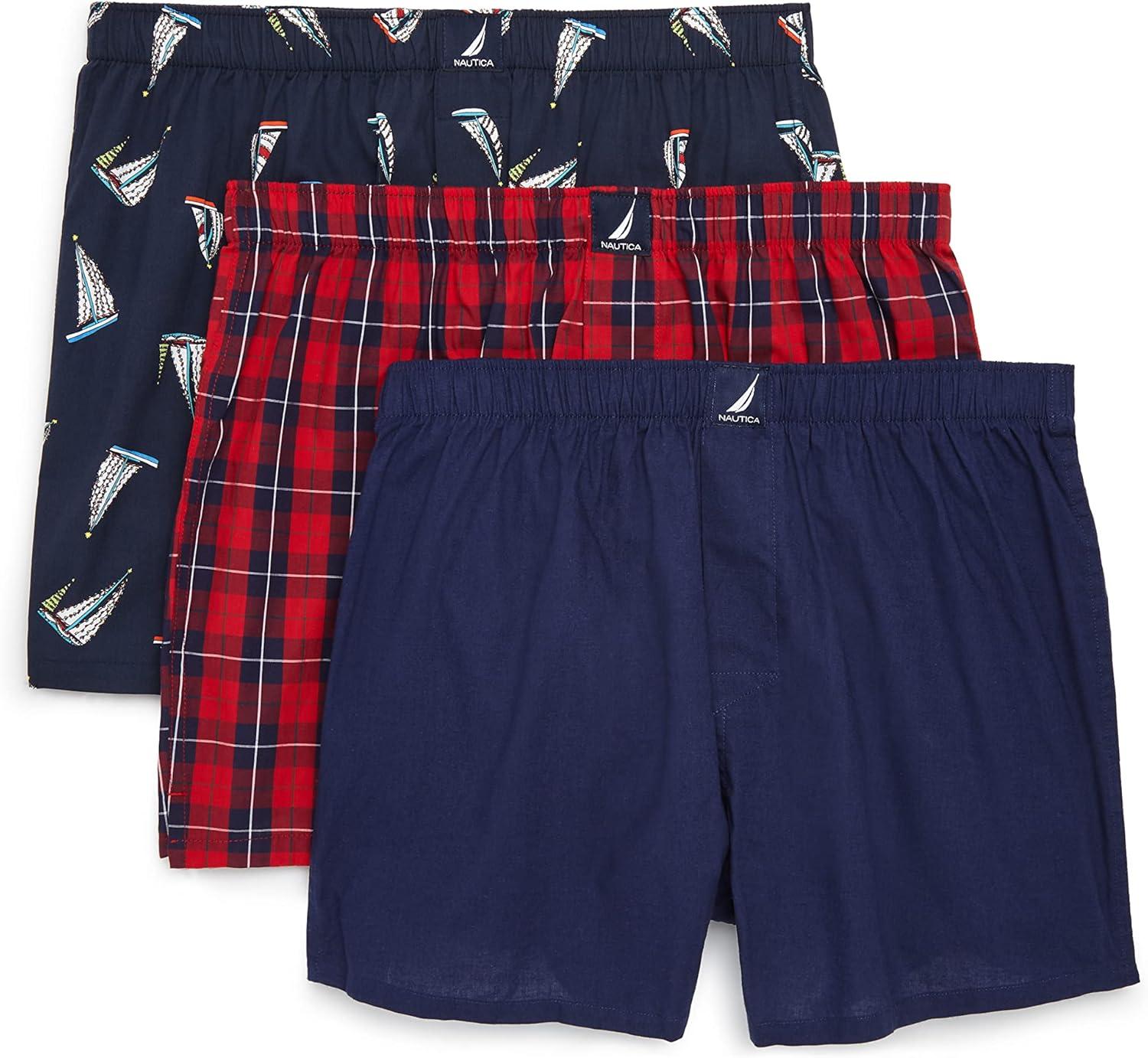 imageNautica Mens Classic Cotton 3Pack Woven BoxersPeacoatWinter Plaid RedHoliday Sailboats Peacoat