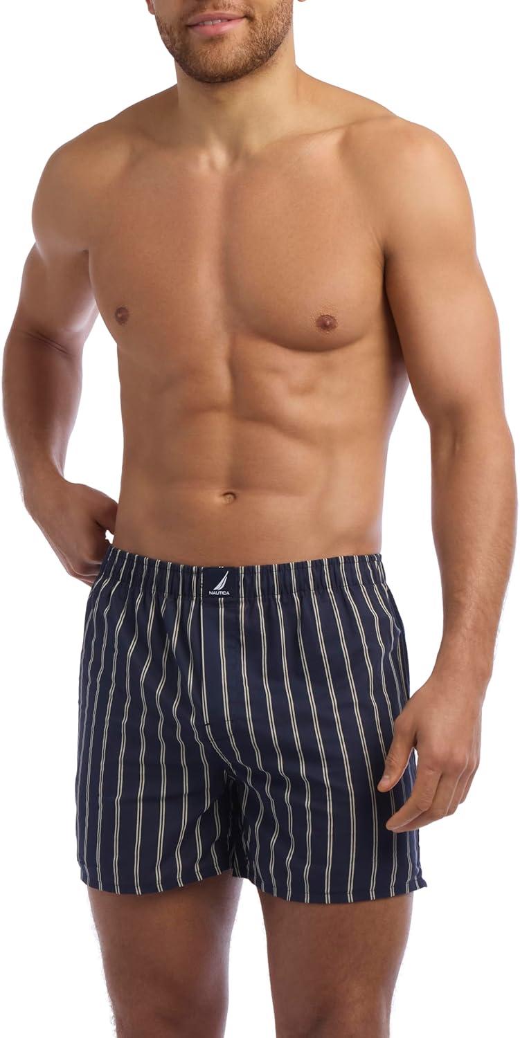 imageNautica Mens Classic Cotton 3Pack Woven BoxersStripes Blue and White 3 Pack
