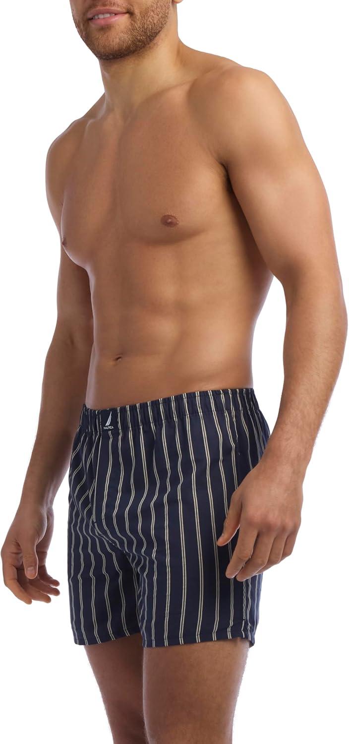 imageNautica Mens Classic Cotton 3Pack Woven BoxersStripes Blue and White 3 Pack