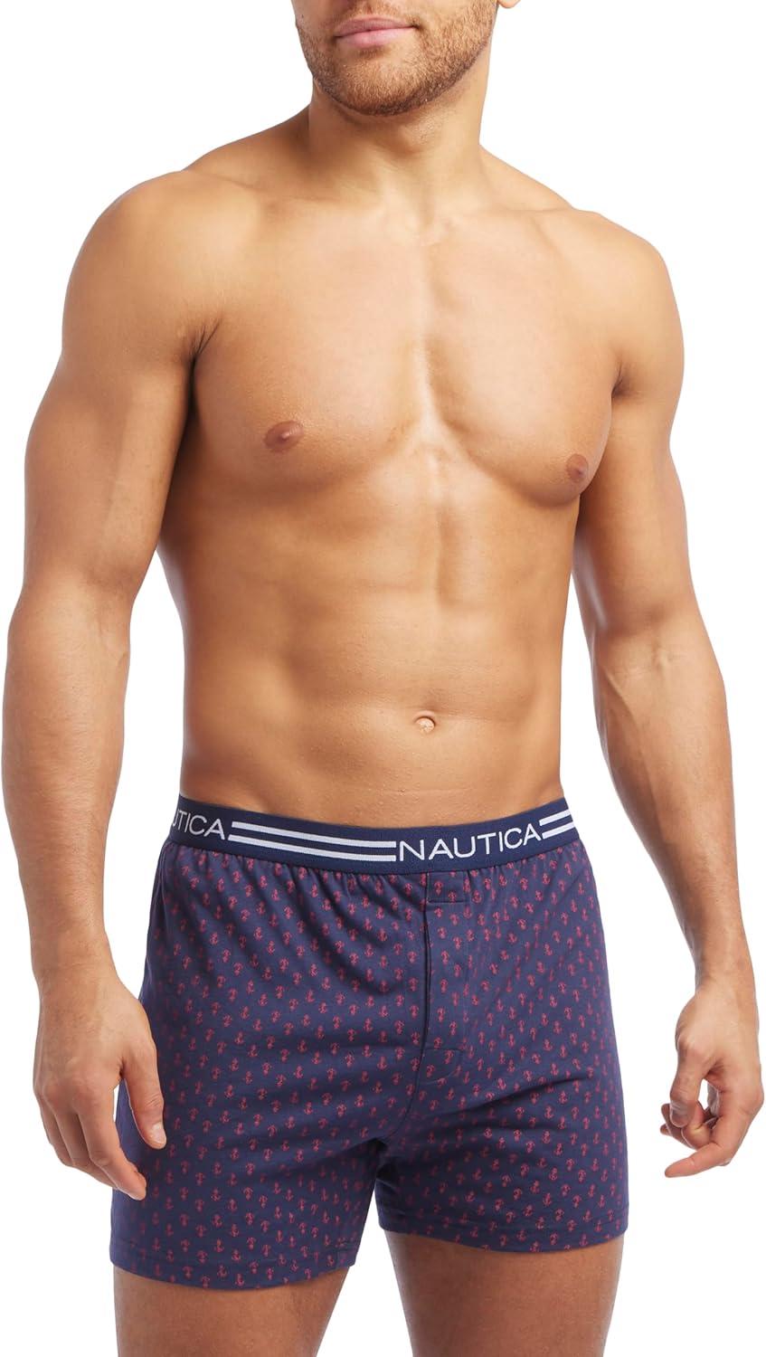 imageNautica Mens Classic Cotton Loose Knit Boxer2 Way Anchor Print Peacoatnautica Red