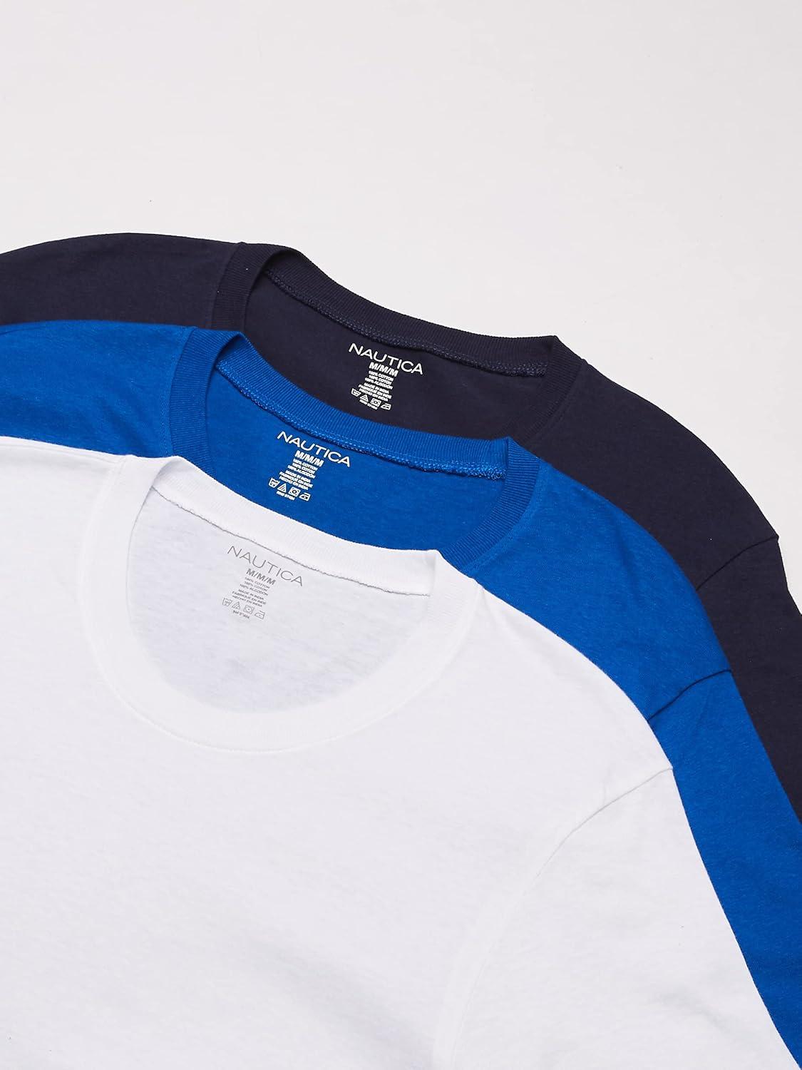 imageNautica Mens Cotton Crew Neck 3Pack TShirtsPeacoatCobaltWhite