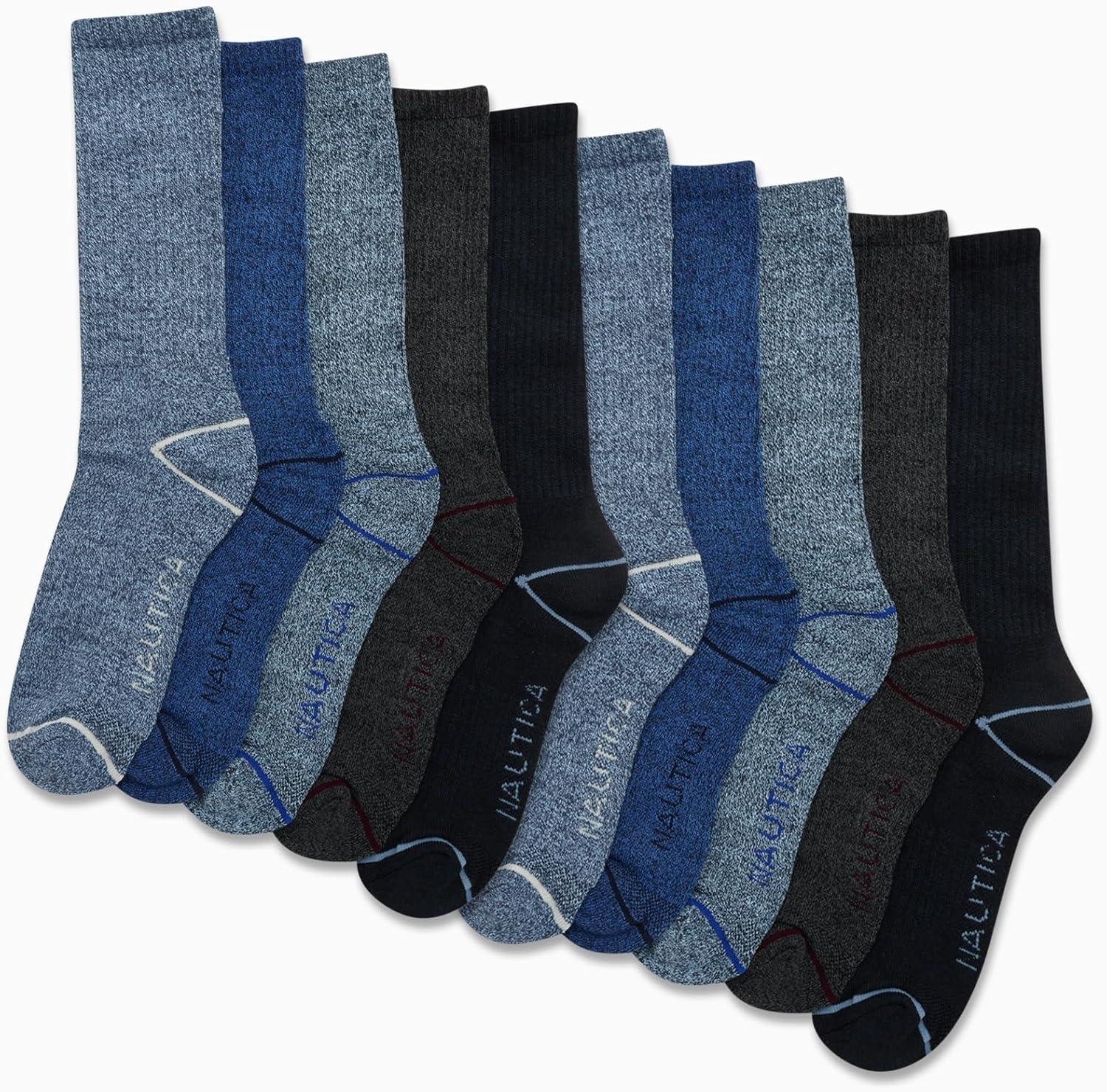 imageNautica Mens Crew Socks 10 Pack Breathable Moisture Wicking Cushioned Athletic Work and Dress Socks for Men Sizes 6125Blue Assorted