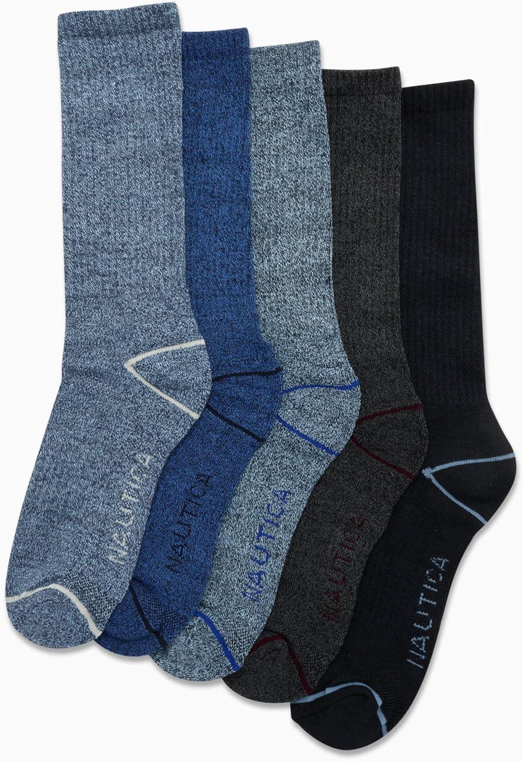 imageNautica Mens Crew Socks 5 Pack Breathable Moisture Wicking Cushioned Athletic Work and Dress Socks for Men Sizes 6125Blue Assorted