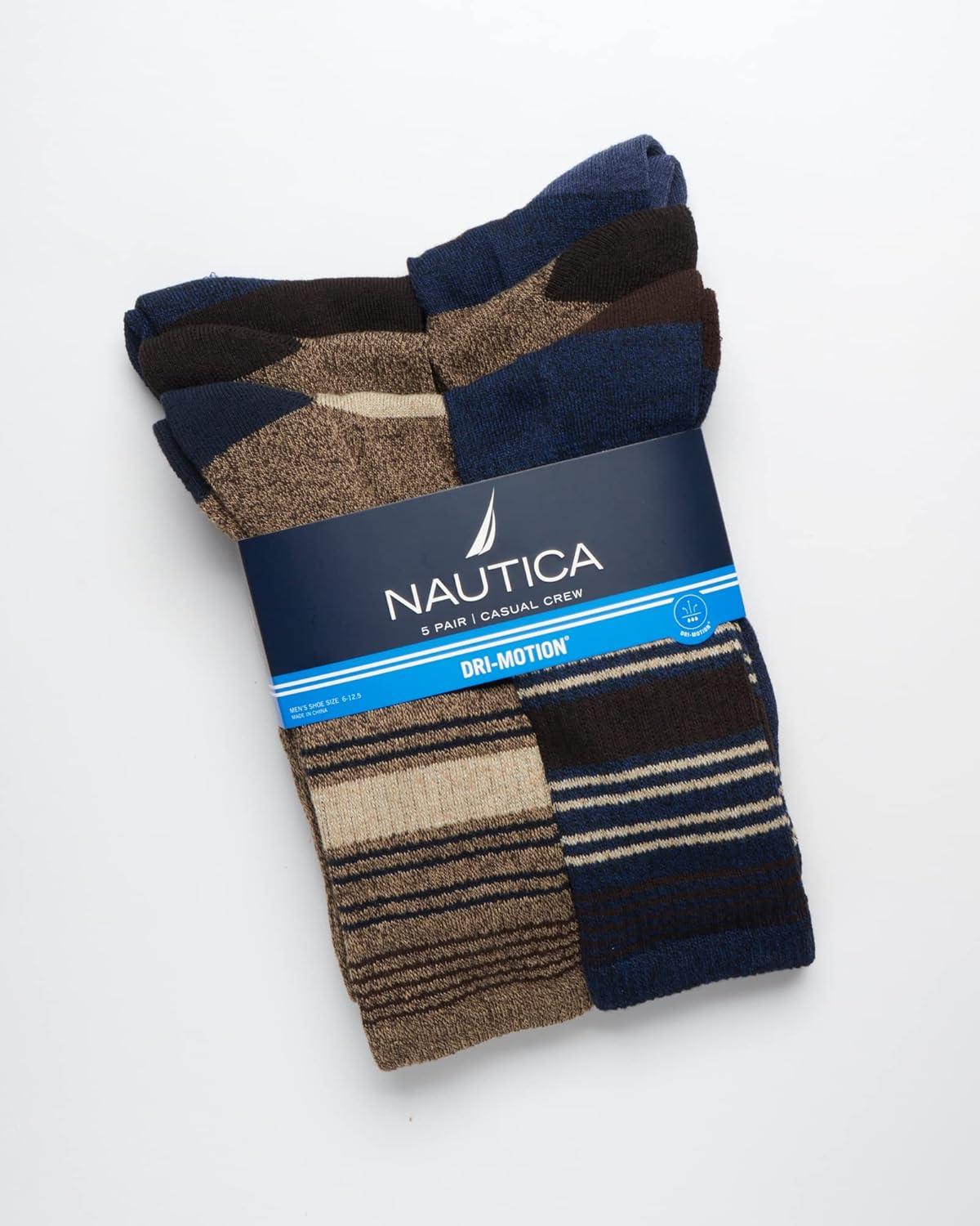 imageNautica Mens Crew Socks 5 Pack Breathable Moisture Wicking Cushioned Athletic Work and Dress Socks for Men Sizes 6125BrownNavy