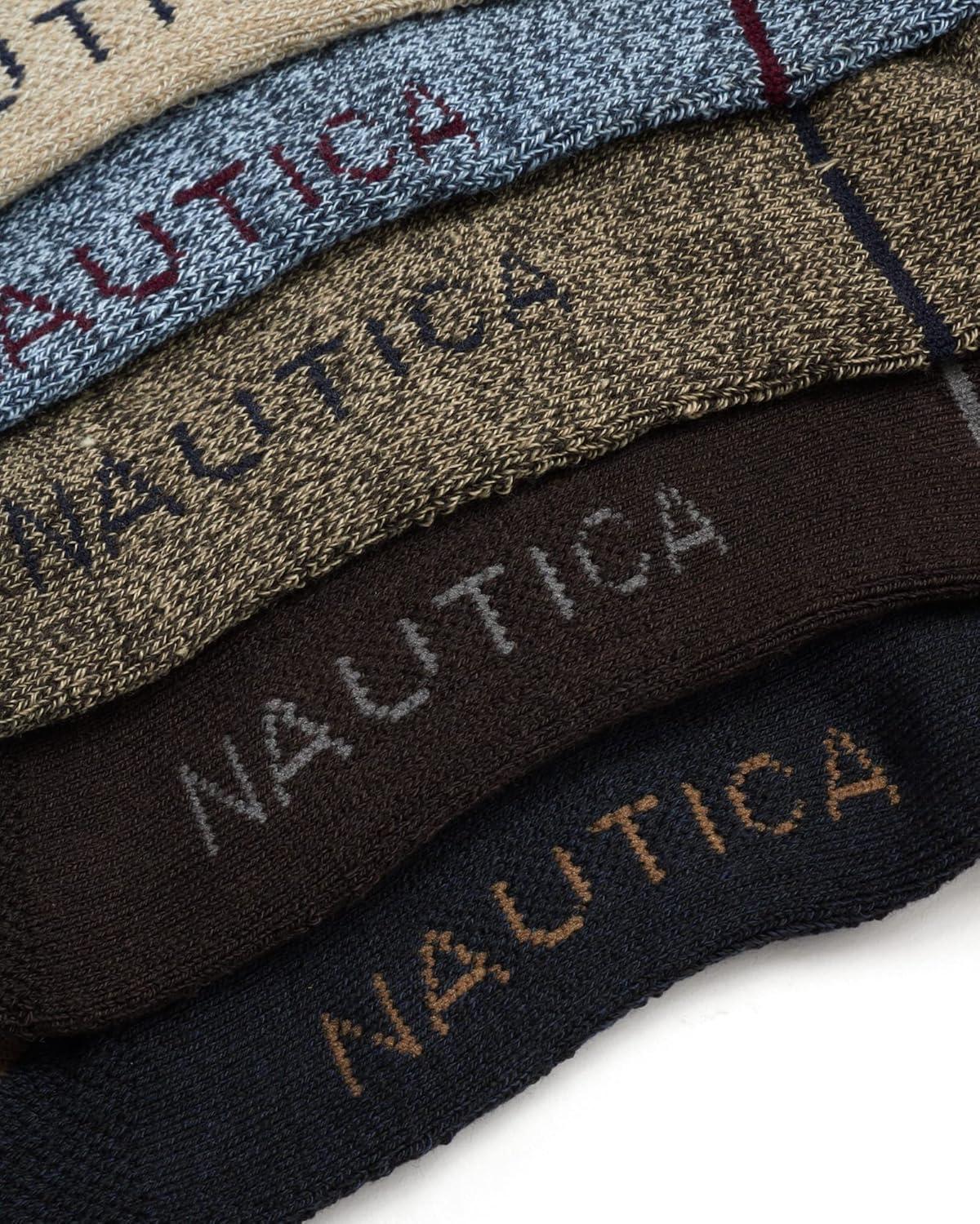 imageNautica Mens Crew Socks 5 Pack Breathable Moisture Wicking Cushioned Athletic Work and Dress Socks for Men Sizes 6125BrownNavy