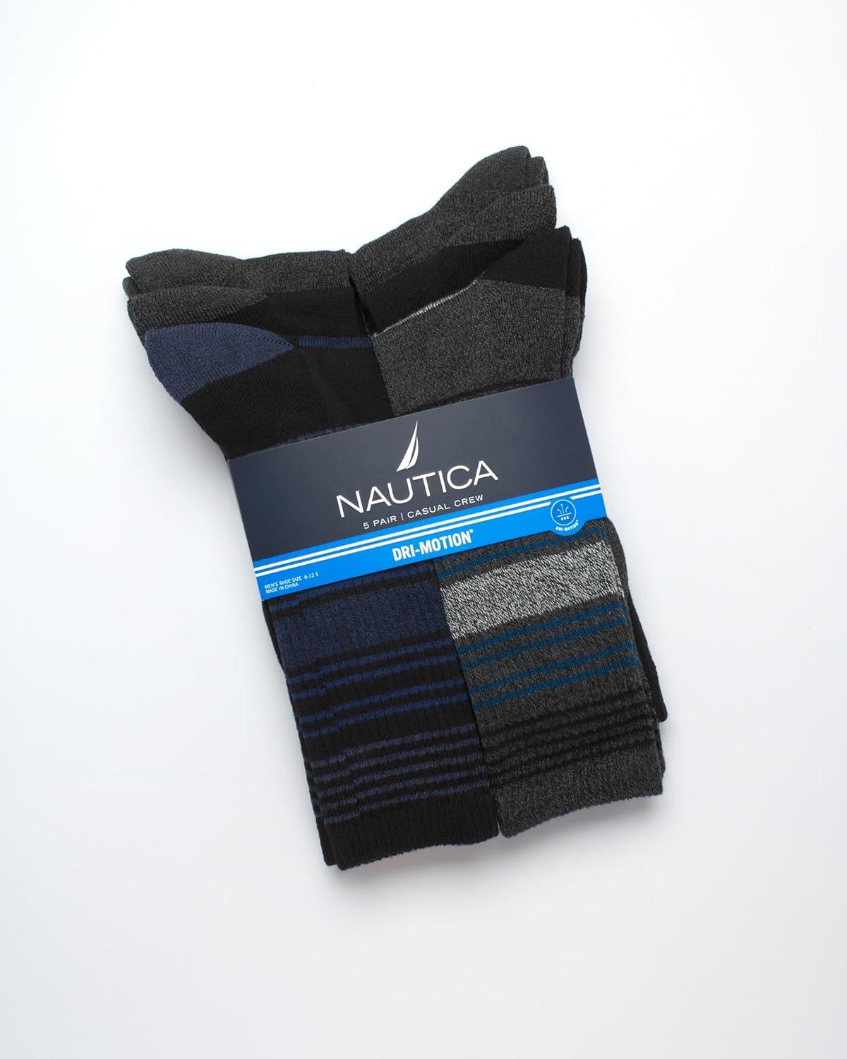 imageNautica Mens Crew Socks 5 Pack Breathable Moisture Wicking Cushioned Athletic Work and Dress Socks for Men Sizes 6125GreyBlack Stripes