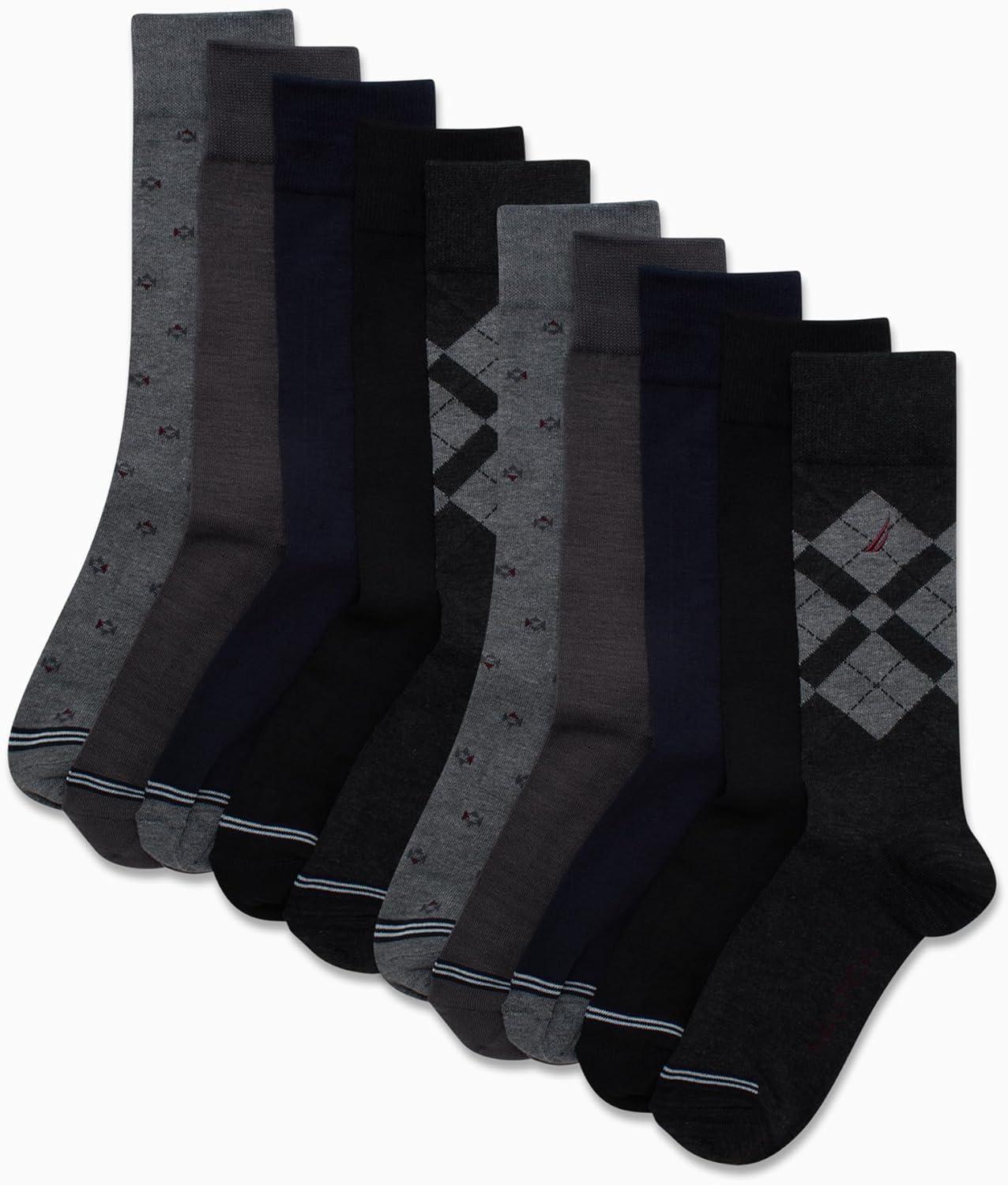 imageNautica Mens Dress Socks 10 Pack Breathable Stretch Crew Socks for Men for Work Business and Formal Wear Sizes 6125BlackGrey Argyle