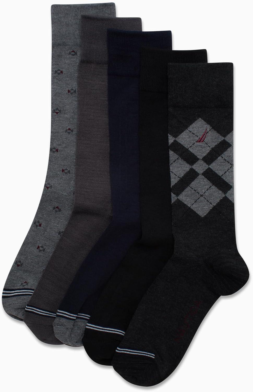 imageNautica Mens Dress Socks 5 Pack Breathable Comfort Stretch CrewLength Work Socks for Men for Business Formal Wear 6125BlackGrey Argyle