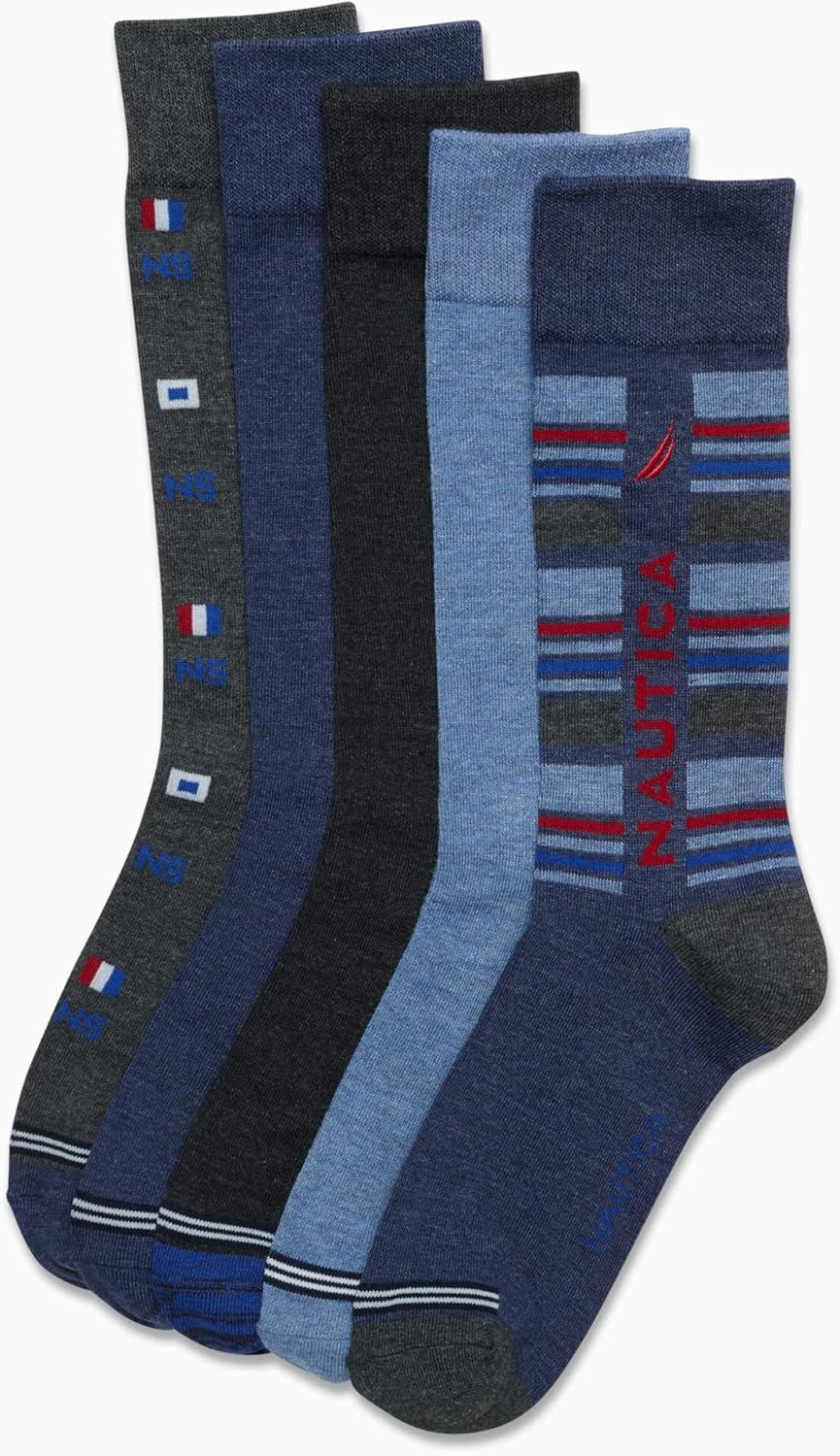 imageNautica Mens Dress Socks 5 Pack Breathable Comfort Stretch CrewLength Work Socks for Men for Business Formal Wear 6125Blue Multi Print