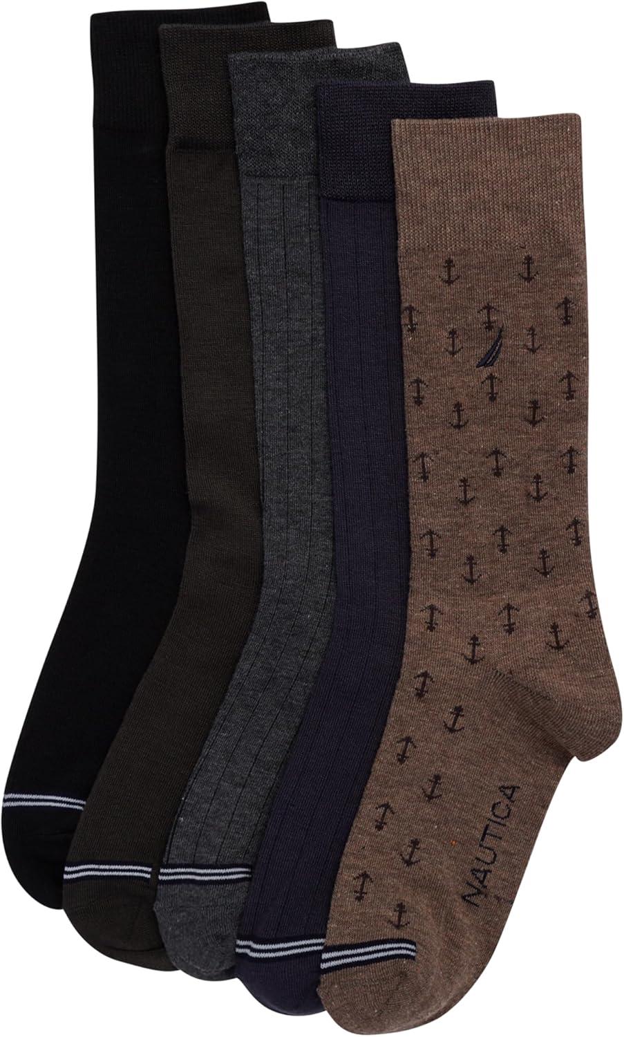 imageNautica Mens Dress Socks 5 Pack Breathable Comfort Stretch CrewLength Work Socks for Men for Business Formal Wear 6125KhakiNavyBlack