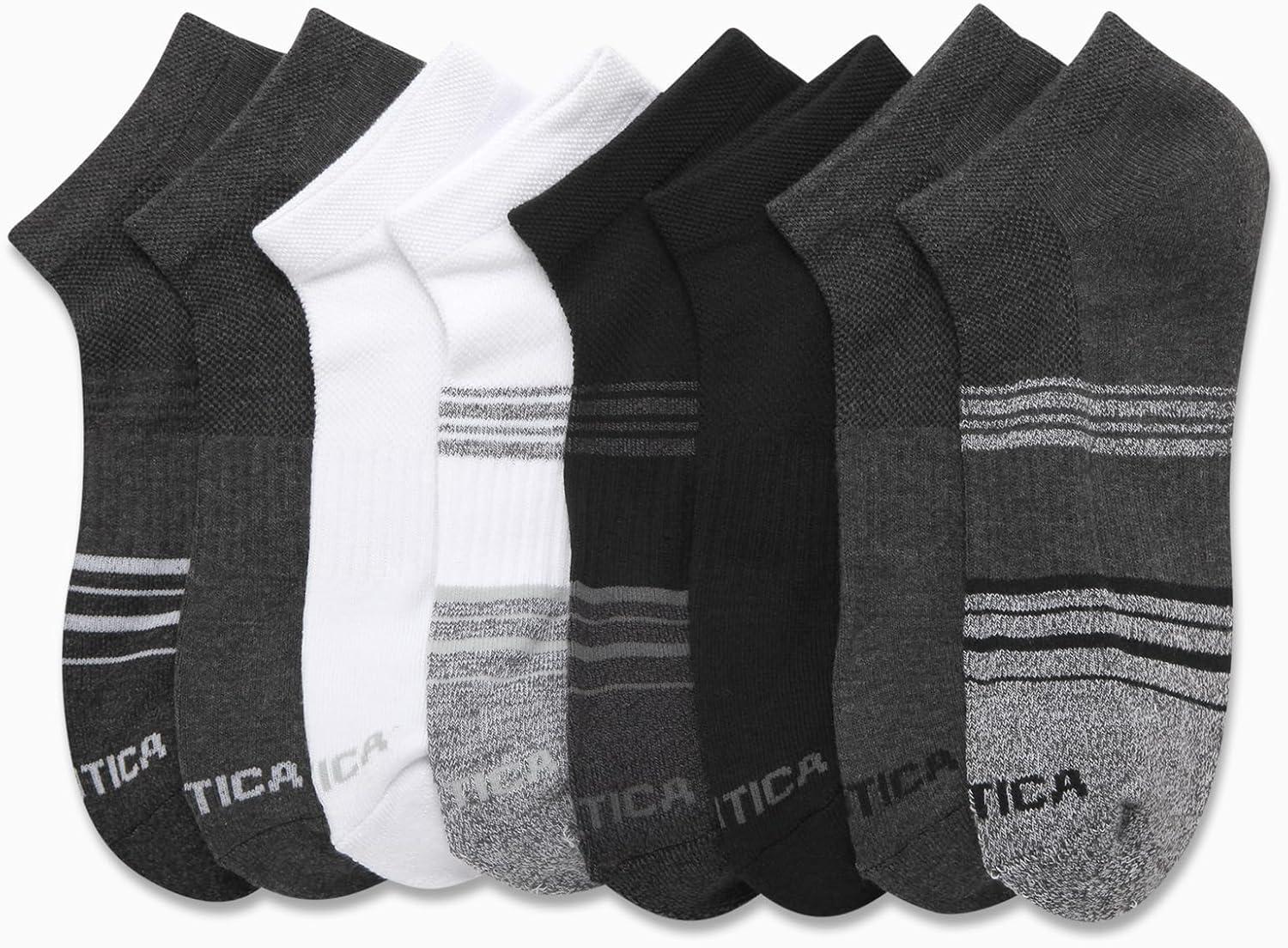 imageNautica Mens Low Cut Socks 8 Pack Soft Stretch Cushioned Athletic Ankle Socks for Men for Sports and Running Size 6125BlackGrey Stripes