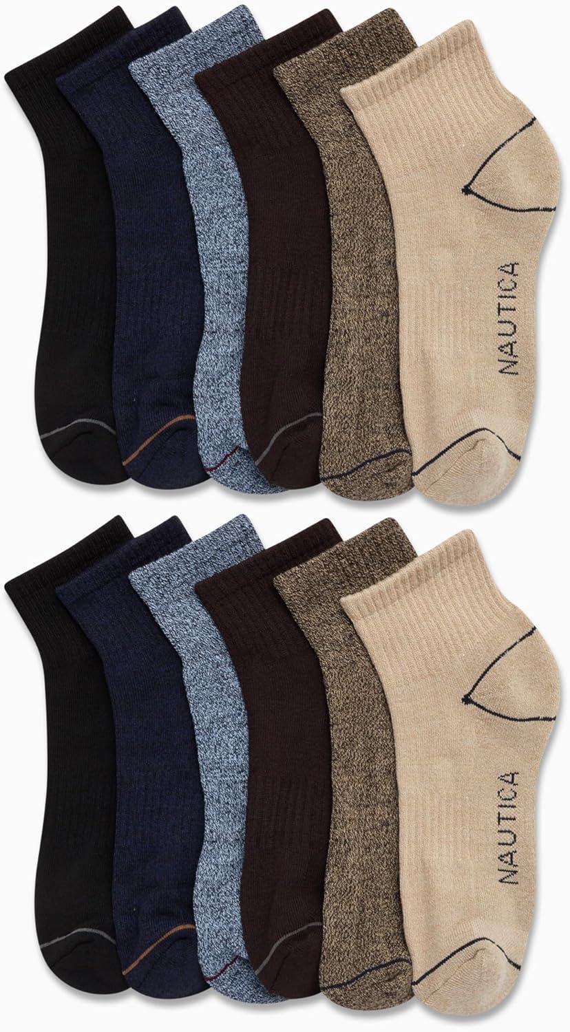 imageNautica Mens Quarter Socks 12 Pack Comfort Stretch Cushioned MoistureWicking Athletic Ankle Socks for Men Sizes 6125BrownNavyBlack