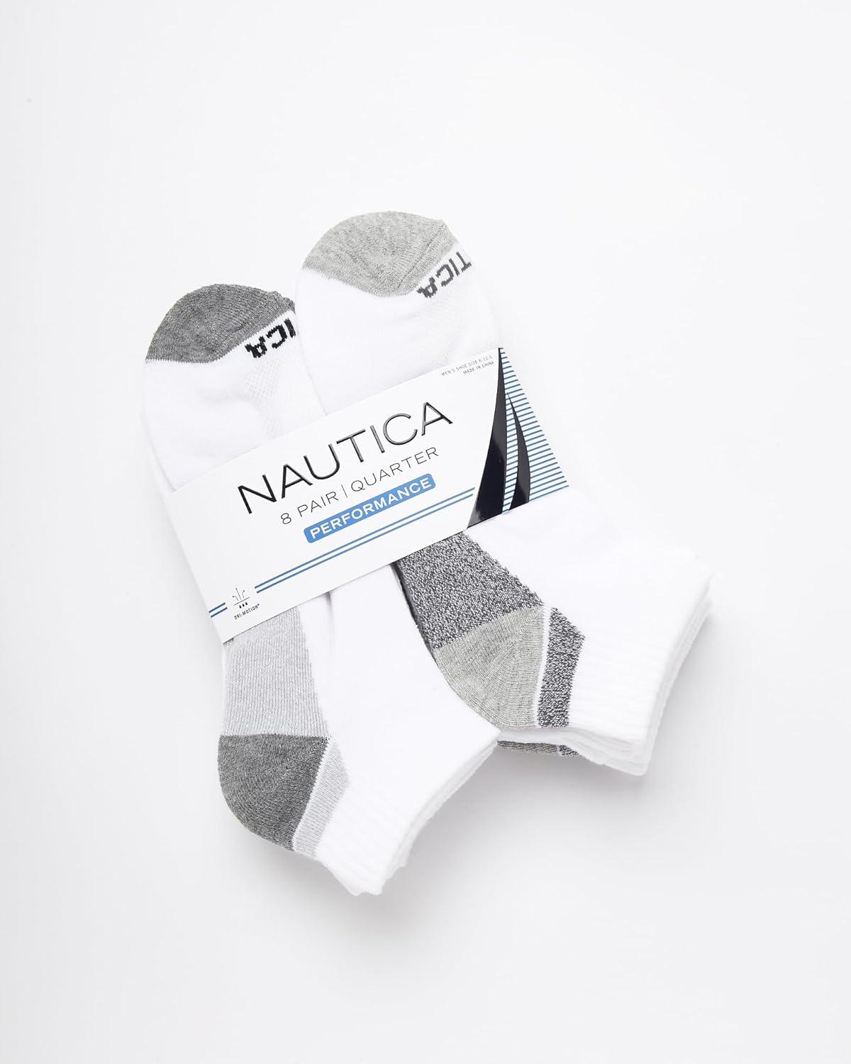 imageNautica Mens Quarter Socks 8 Pack Comfort Stretch Cushioned MoistureWicking Athletic Ankle Socks for Men Sizes 6125All White