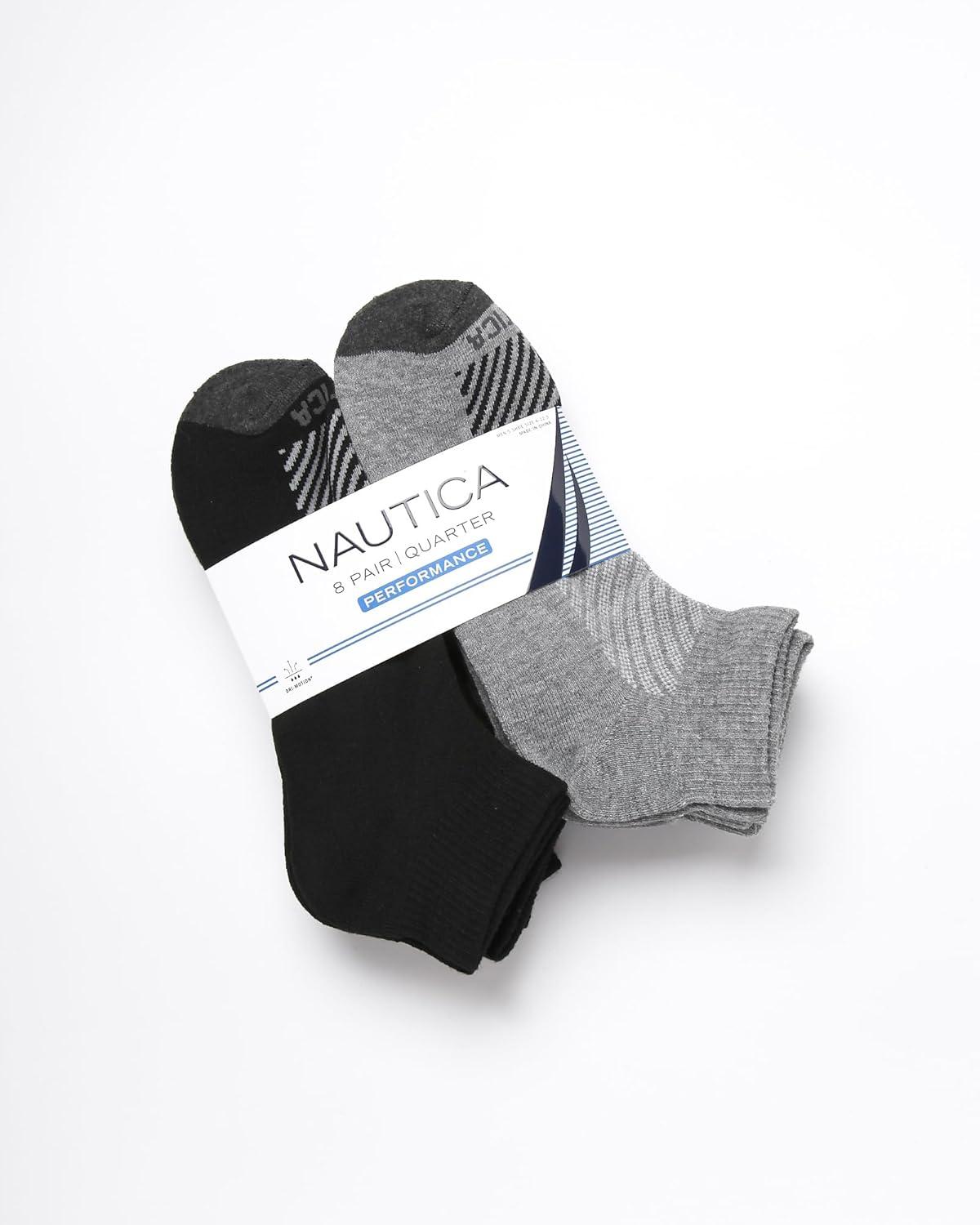 imageNautica Mens Quarter Socks 8 Pack Comfort Stretch Cushioned MoistureWicking Athletic Ankle Socks for Men Sizes 6125BlackGrey