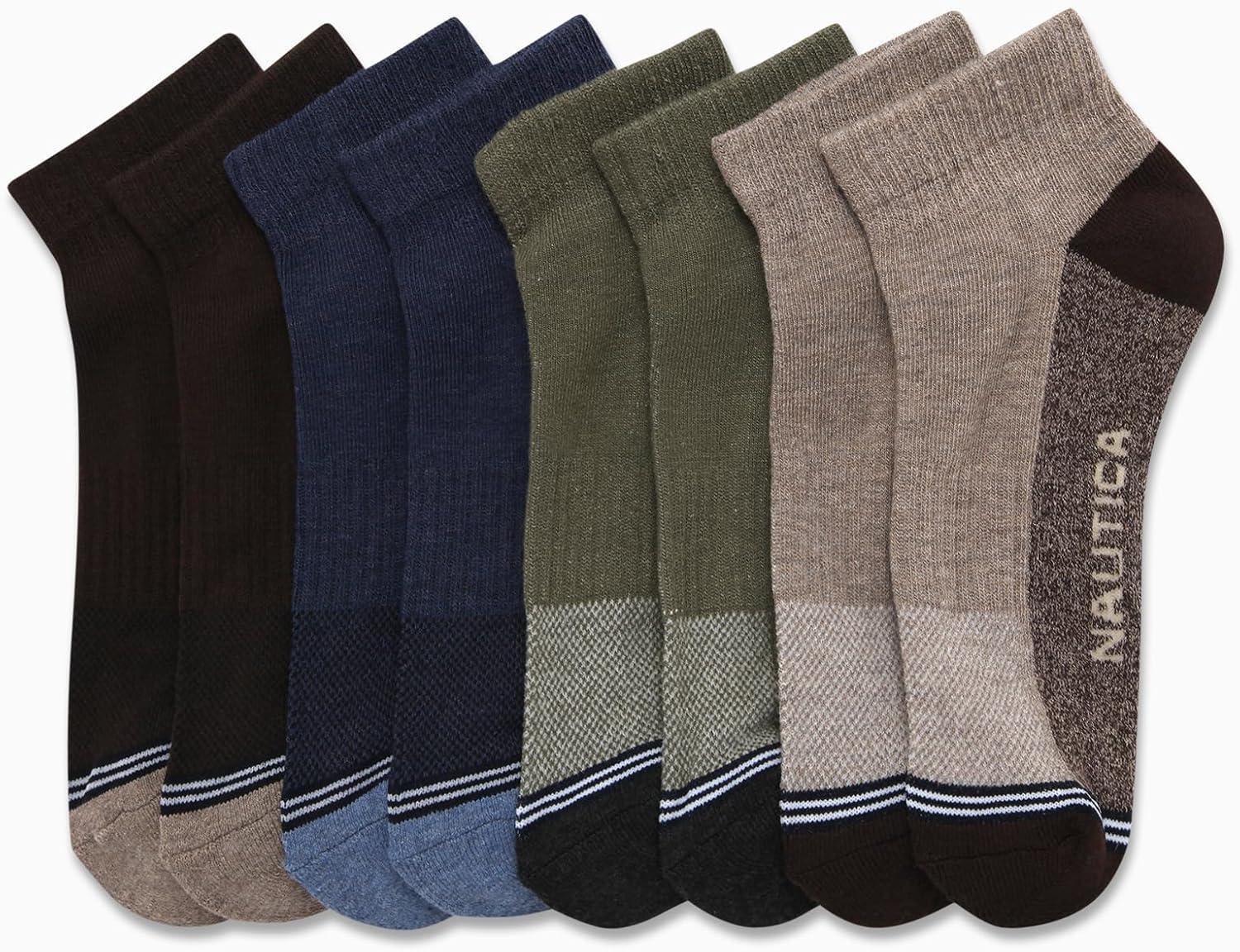 imageNautica Mens Quarter Socks 8 Pack Comfort Stretch Cushioned MoistureWicking Athletic Ankle Socks for Men Sizes 6125Brown Assorted
