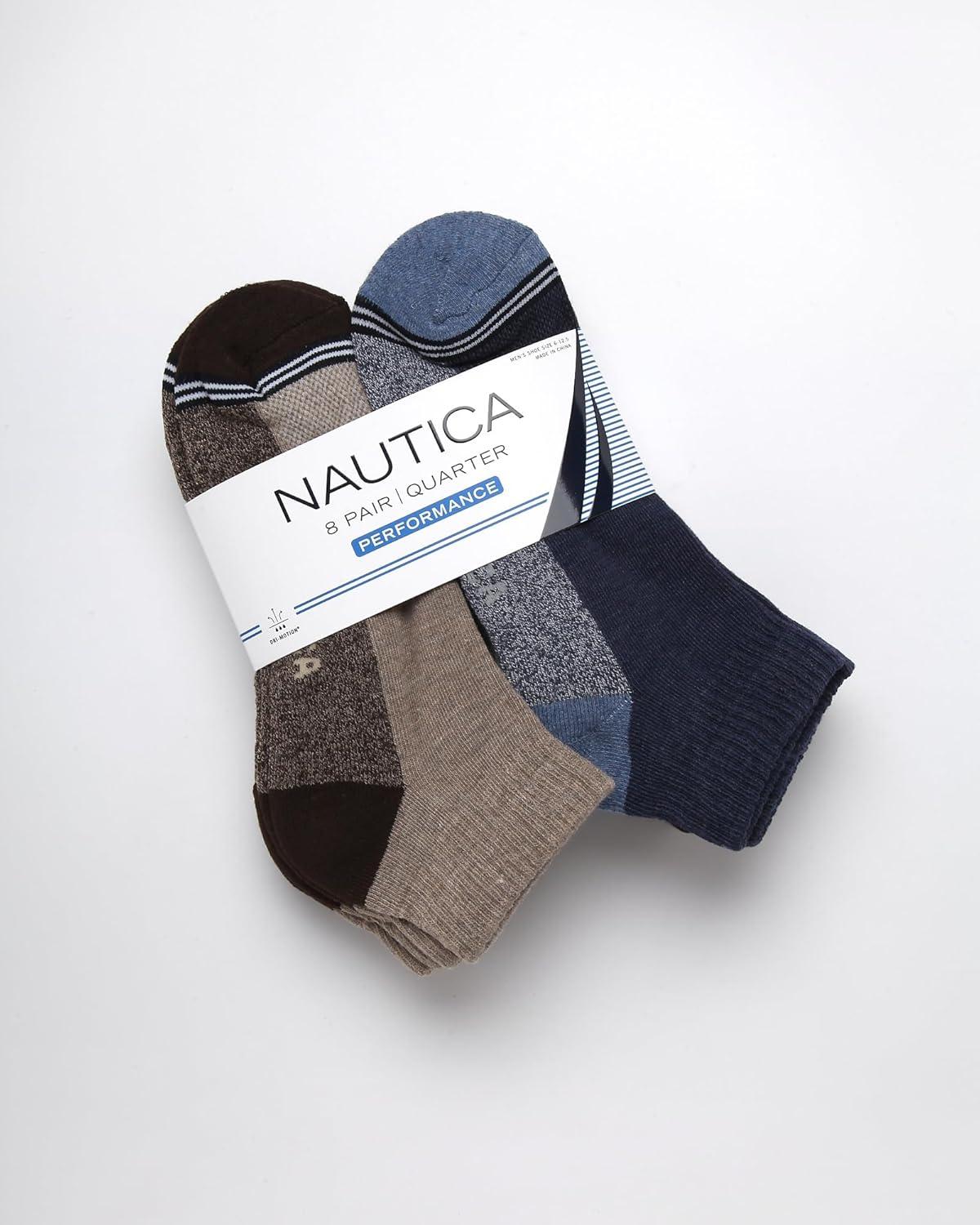 imageNautica Mens Quarter Socks 8 Pack Comfort Stretch Cushioned MoistureWicking Athletic Ankle Socks for Men Sizes 6125Brown Assorted