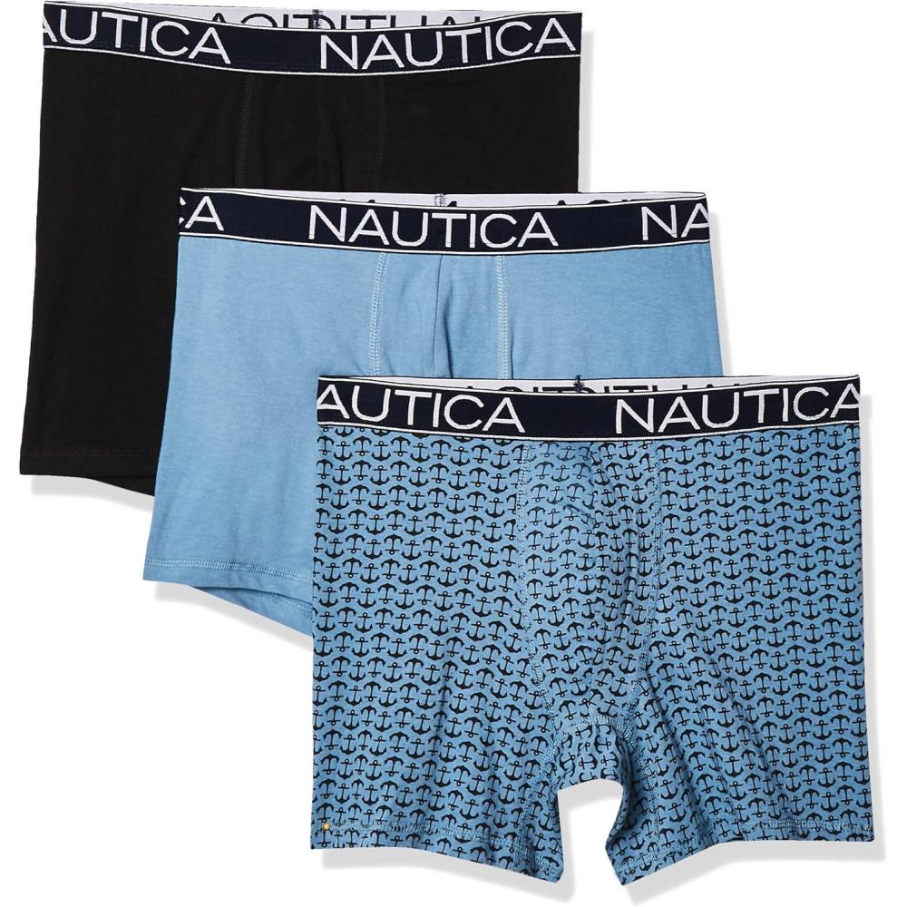 imageNautica Mens 3Pack Classic Cotton Stretch Boxer BriefsBlackAero BlueAnchor Print Aero Blue
