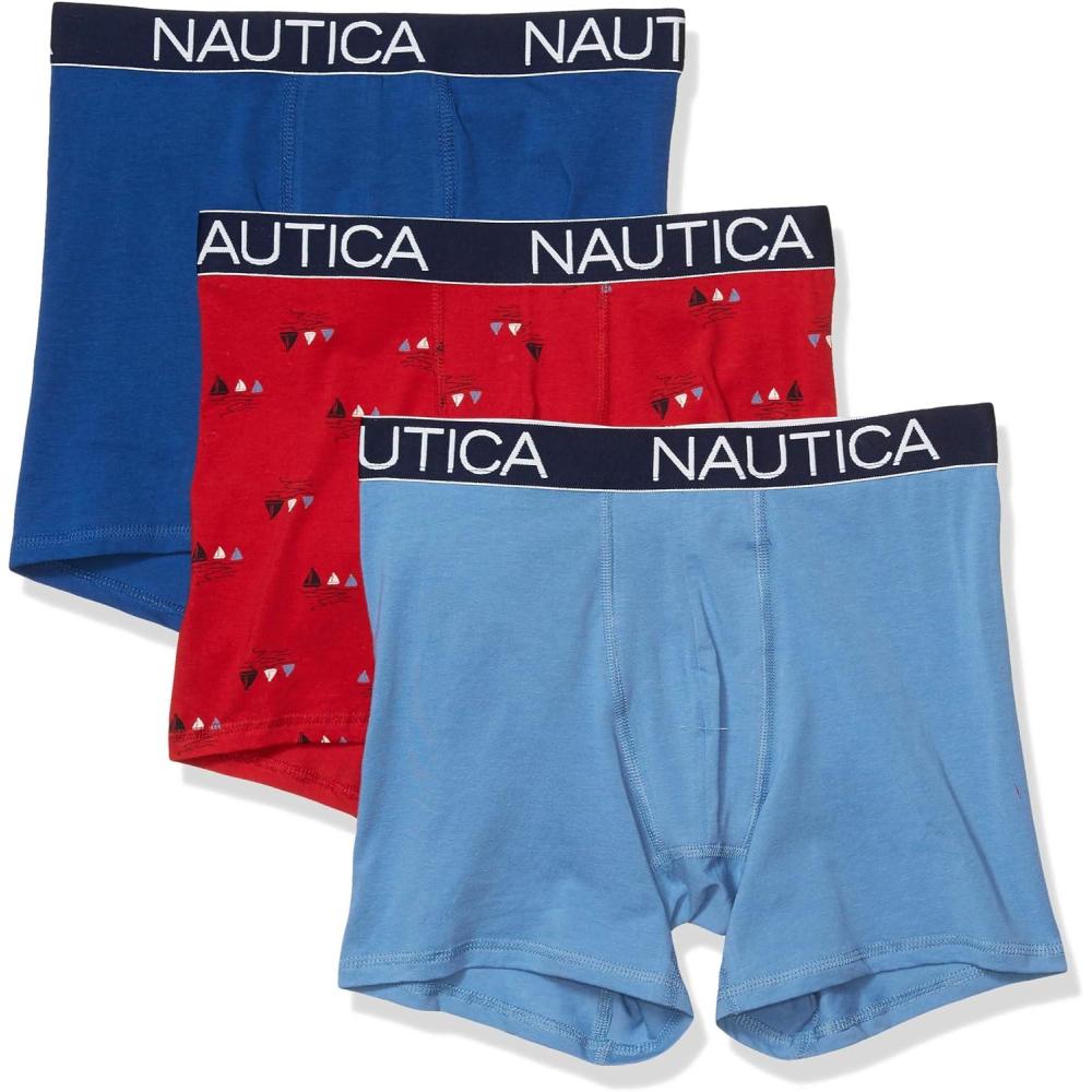 imageNautica Mens 3Pack Classic Cotton Stretch Boxer BriefsMonaco BlueRiviera BlueSails Nautica Red