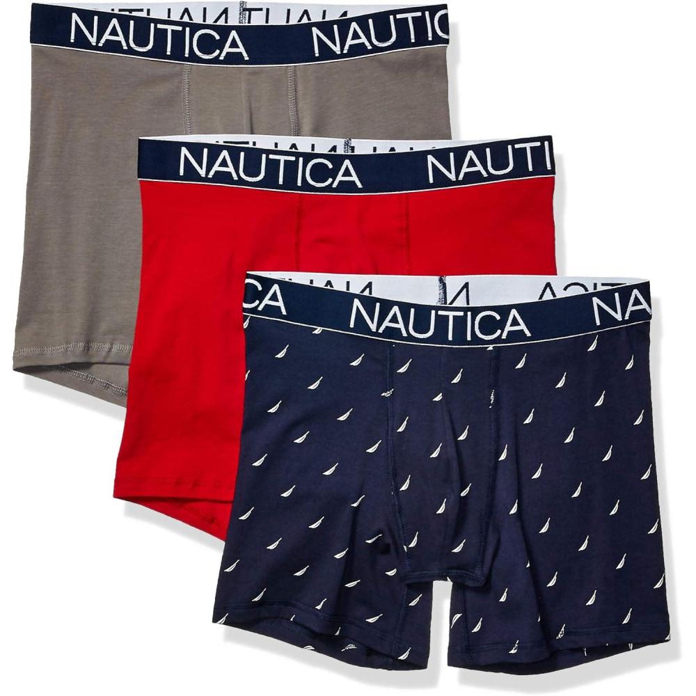 imageNautica Mens 3Pack Classic Cotton Stretch Boxer BriefsNautica RedPlatinum GreySail Print Peacoat