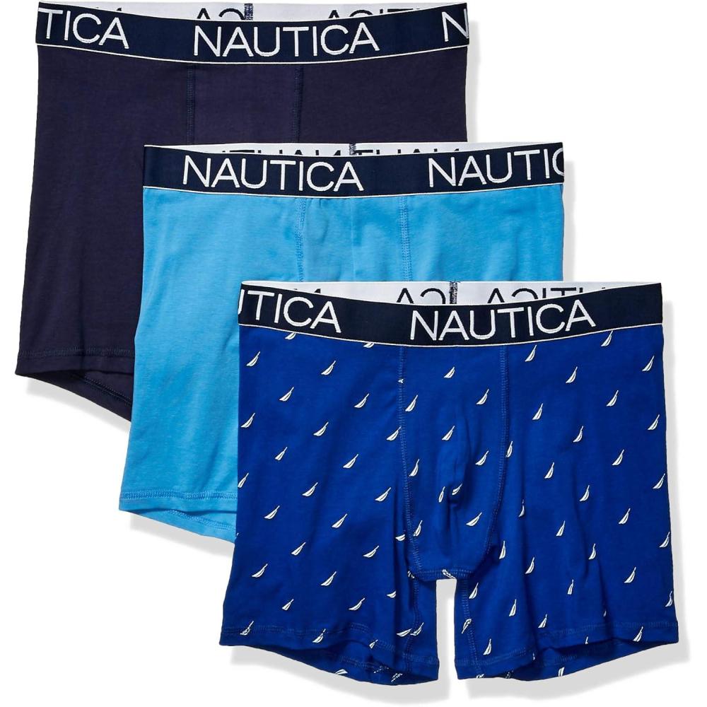 imageNautica Mens 3Pack Classic Cotton Stretch Boxer BriefsPeacoatAero BlueSail Printsurf the Web