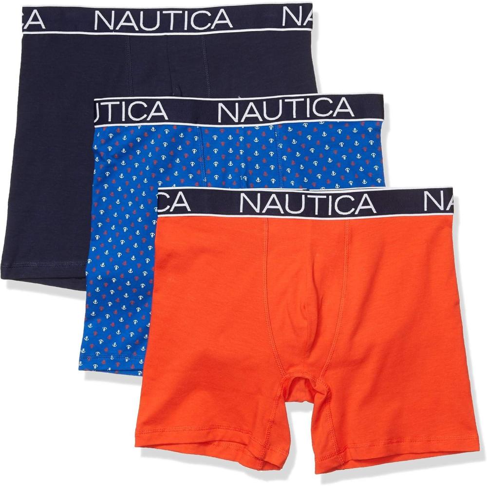 imageNautica Mens 3Pack Classic Cotton Stretch Boxer BriefsPeacoatOrange PoppyAnchor Print Cobalt