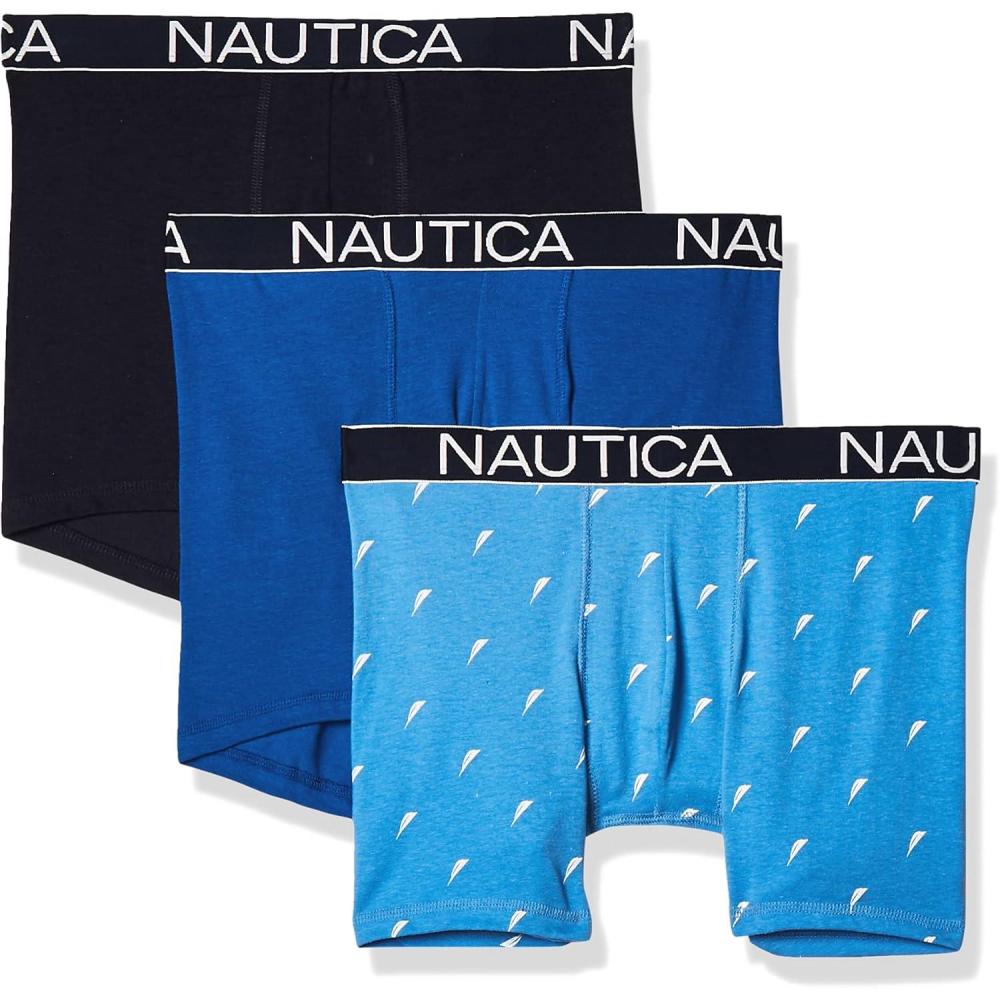 imageNautica Mens 3Pack Classic Cotton Stretch Boxer BriefsPeacoatSea CobaltSail Print Aero Blue