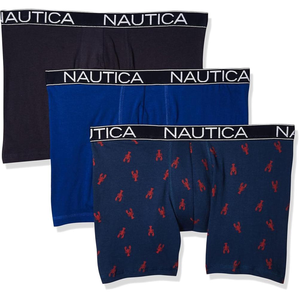 imageNautica Mens 3Pack Classic Cotton Stretch Boxer BriefsSea CobaltPeacoatLobster Print Blue