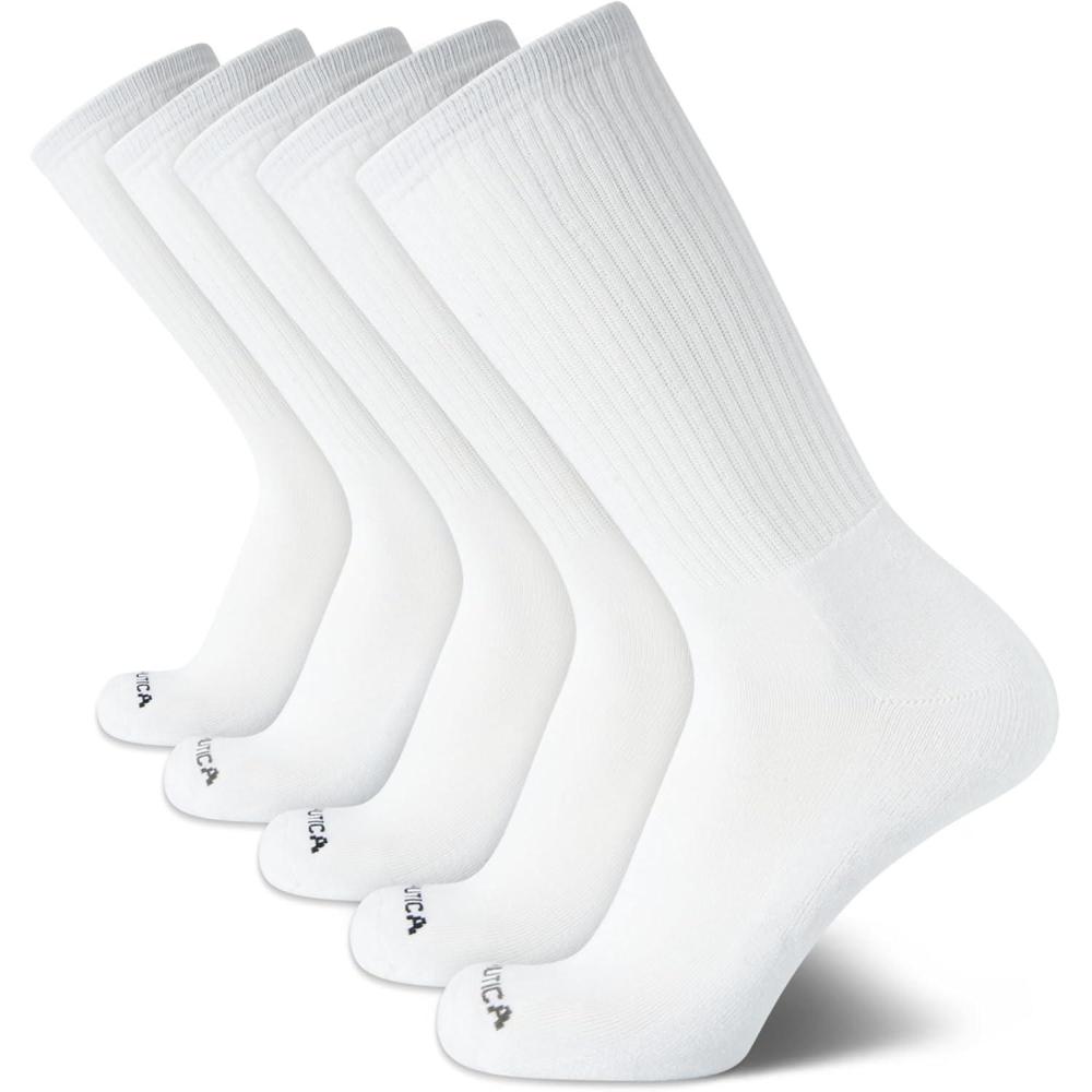 imageNautica Mens Athletic Crew Socks 5 Pack Moisture Wicking Cushioned Athletic Socks for Men with Reinforced Seams 6125Pure White
