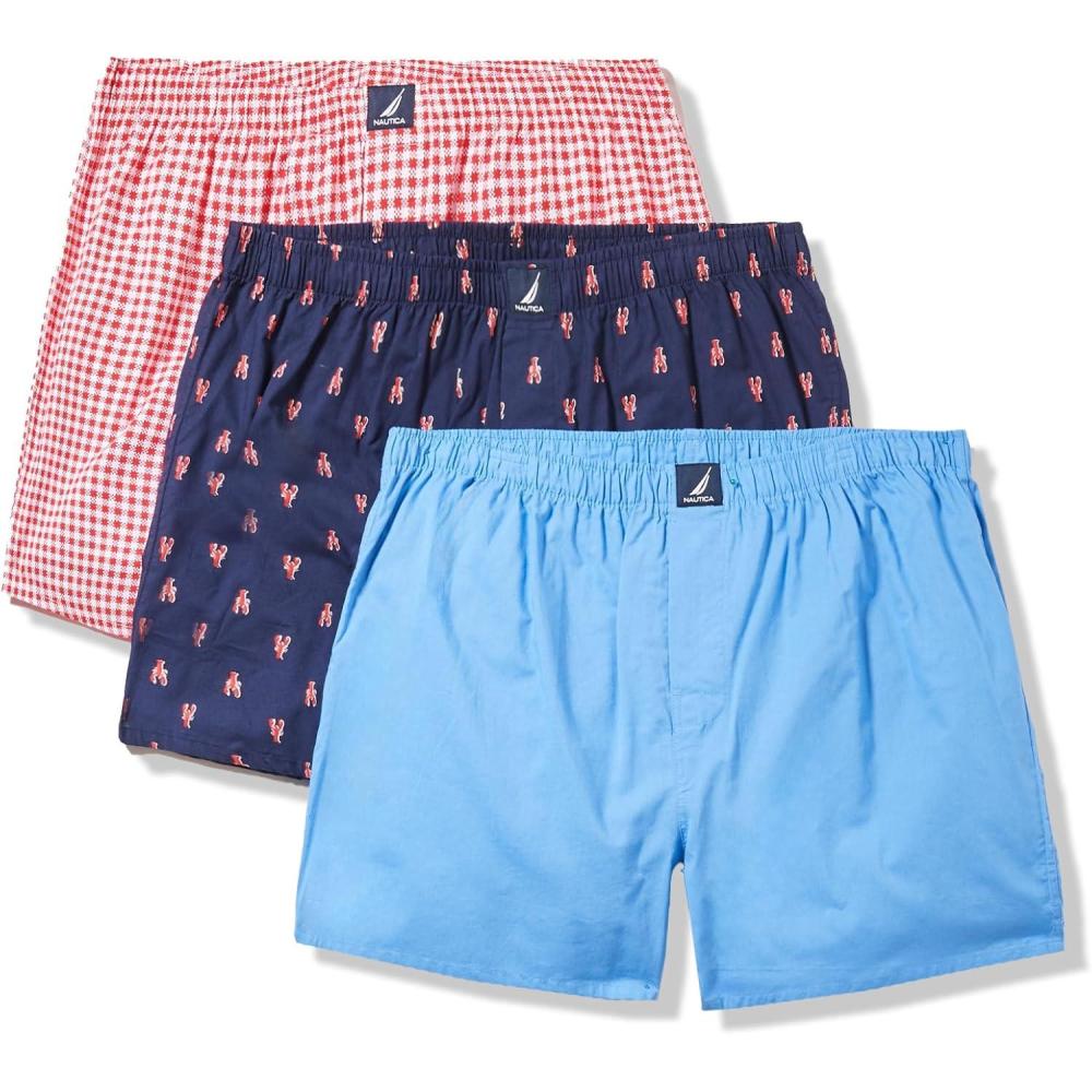 imageNautica Mens Classic Cotton 3Pack Woven BoxersAero BlueGingham Rose CoralLobster Print