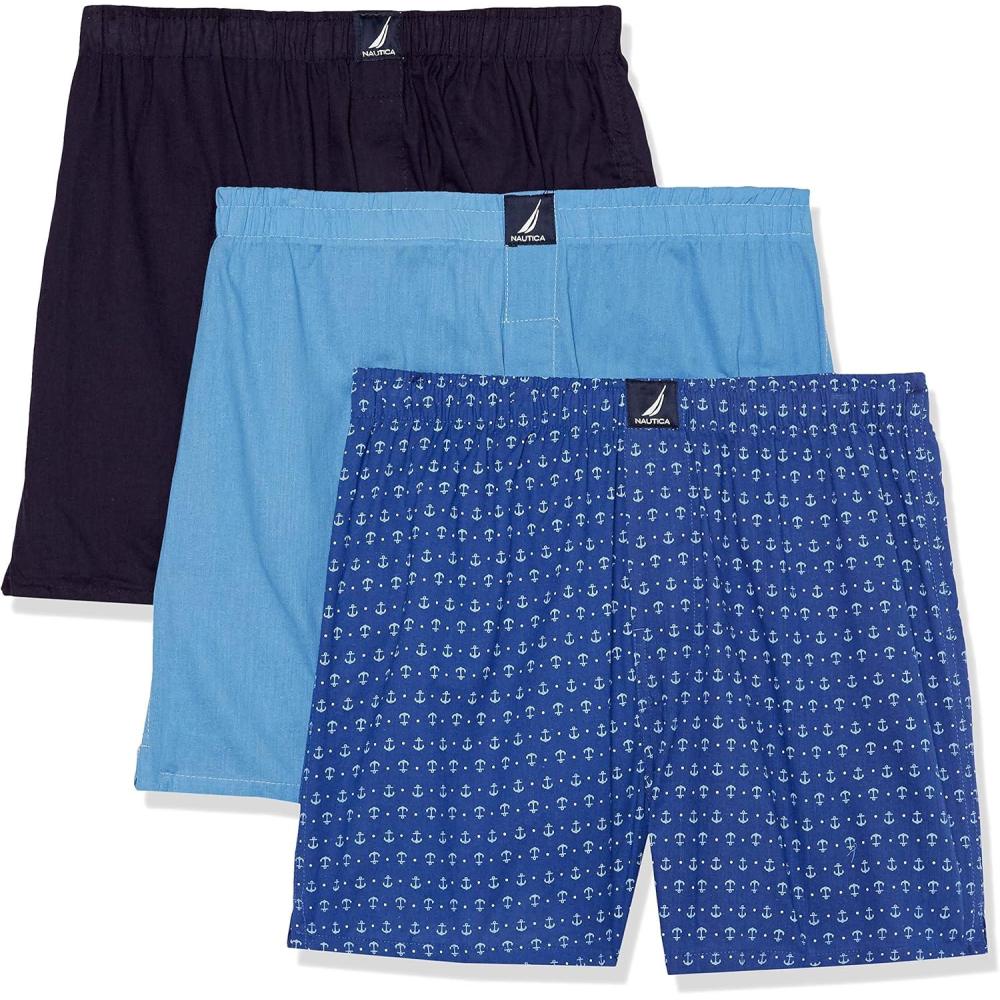 imageNautica Mens Classic Cotton 3Pack Woven BoxersAero BluePeacoatAnchor Bright Cobalt