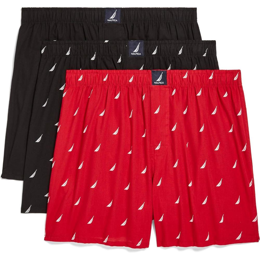 imageNautica Mens Classic Cotton 3Pack Woven BoxersBlackSail Black WhiteSail Nautica Red