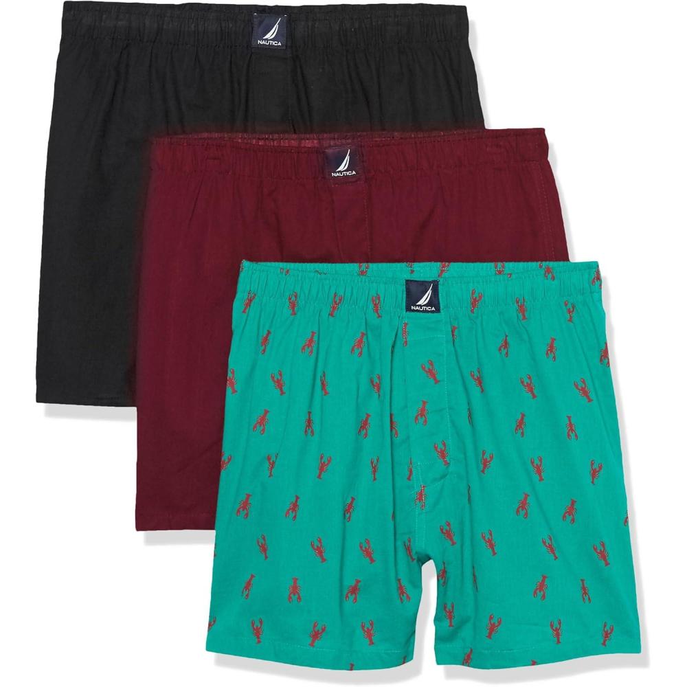 imageNautica Mens Classic Cotton 3Pack Woven BoxersBlackTawny PortLobsters Pepper Green