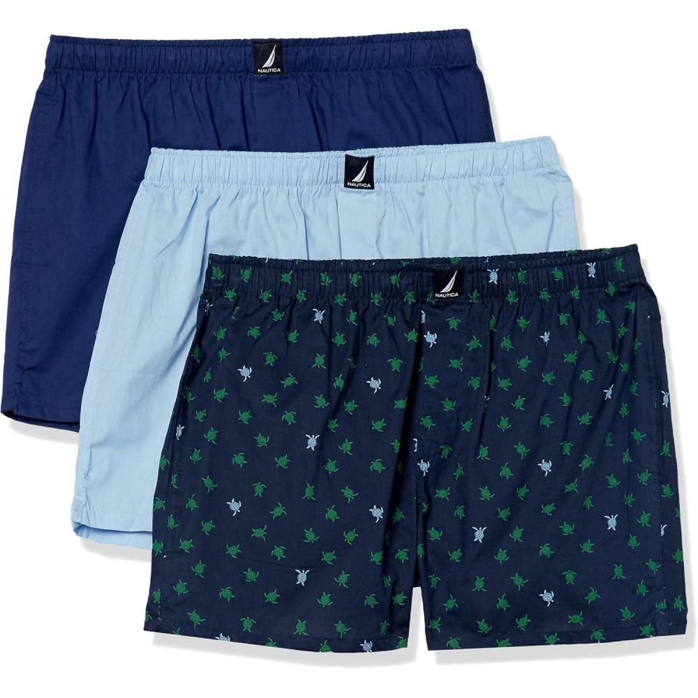 imageNautica Mens Classic Cotton 3Pack Woven BoxersBlue DepthsCoastal SkyPop Turtle Print