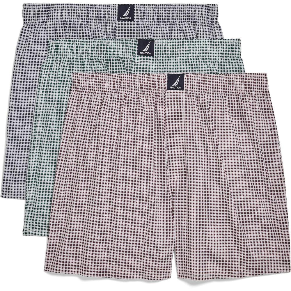 imageNautica Mens Classic Cotton 3Pack Woven BoxersGingham PeacoatHunter GreenWine