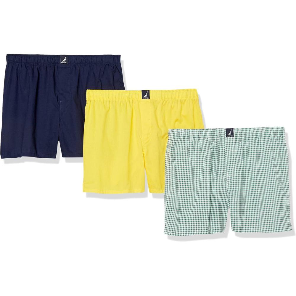 imageNautica Mens Classic Cotton 3Pack Woven BoxersMari GoldPeacoatCheck Ocean Greenery