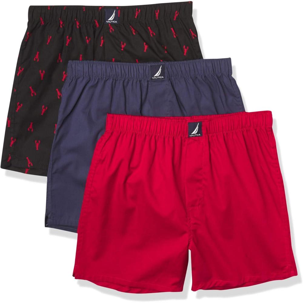 imageNautica Mens Classic Cotton 3Pack Woven BoxersNautica RedPeacoatLobster Black