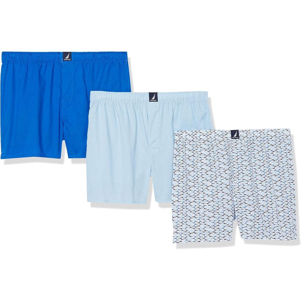 imageNautica Mens Classic Cotton 3Pack Woven BoxersNoon BlueSpinner BlueShark Print Peacoat