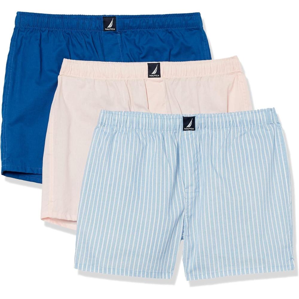 imageNautica Mens Classic Cotton 3Pack Woven BoxersOasis PinkOcean LapisPin Stripe Silver Lake