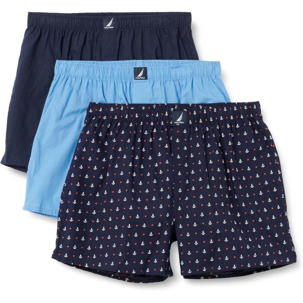 imageNautica Mens Classic Cotton 3Pack Woven BoxersPeacoatAero BlueAnchor