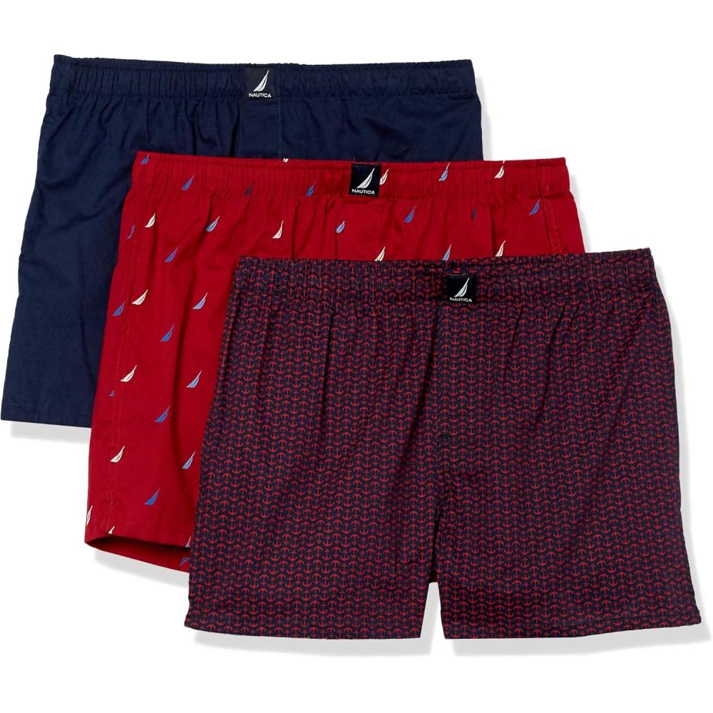 imageNautica Mens Classic Cotton 3Pack Woven BoxersPeacoatAnchor PrintMulti Sails Red