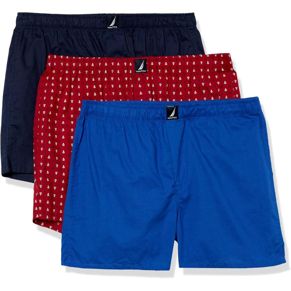 imageNautica Mens Classic Cotton 3Pack Woven BoxersPeacoatBright CobaltAnchor Print Red