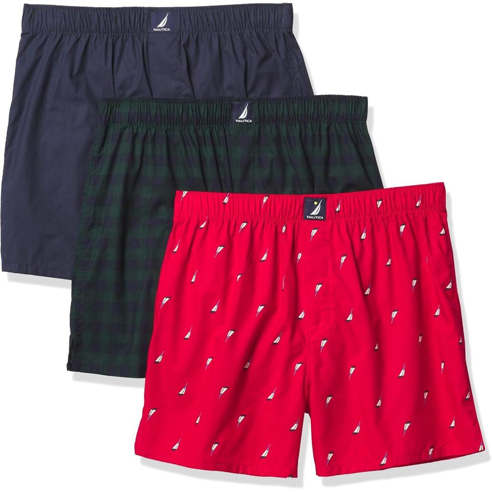 imageNautica Mens Classic Cotton 3Pack Woven BoxersPeacoatBuffalo Check Tidal GreenHoliday Sail Print Red