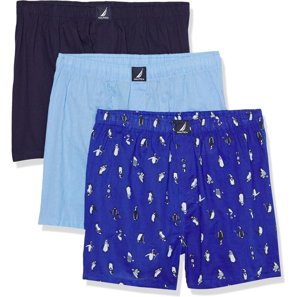 imageNautica Mens Classic Cotton 3Pack Woven BoxersPeacoatCoastal SkyPenguinsocean Lapis