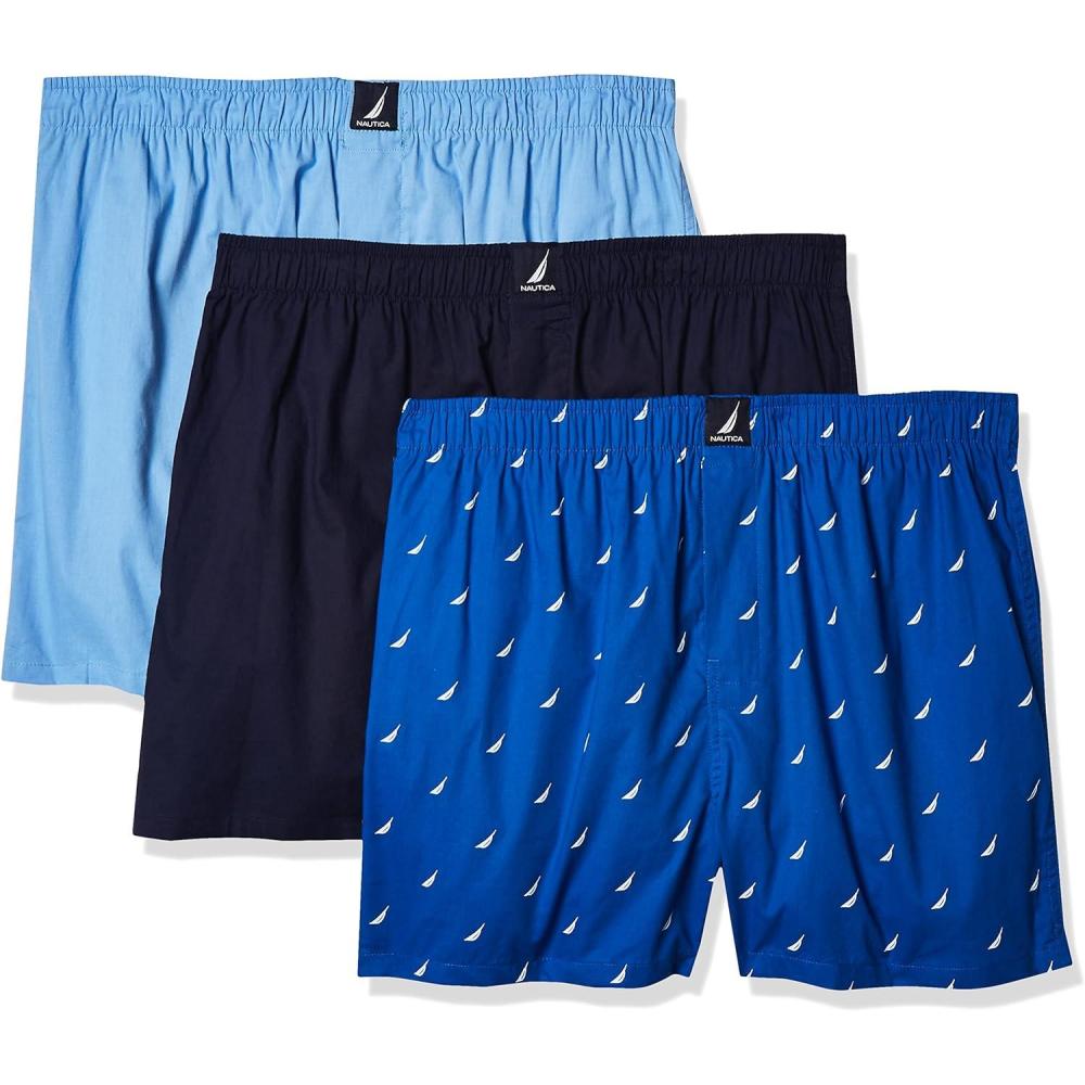 imageNautica Mens Classic Cotton 3Pack Woven BoxersPeacoatDellarobbiaSails Sea Cobalt