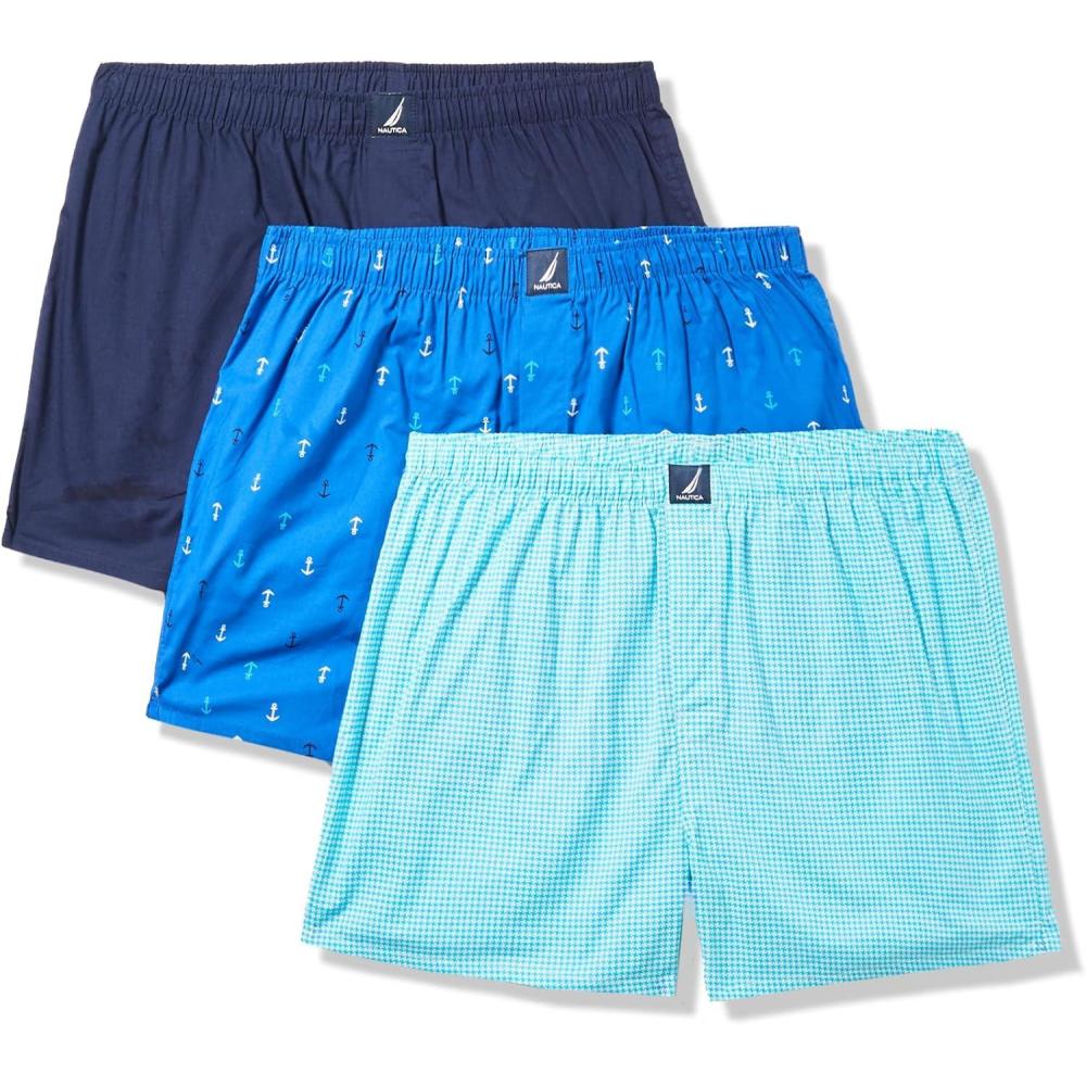imageNautica Mens Classic Cotton 3Pack Woven BoxersPeacoatHoundstooth Scuba BlueAnchor Print