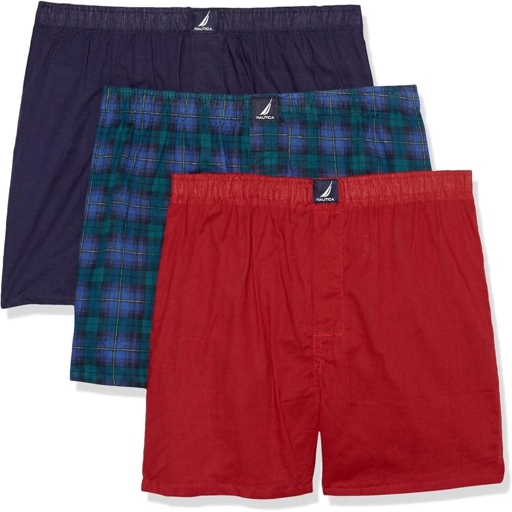 imageNautica Mens Classic Cotton 3Pack Woven BoxersPeacoatNautica RedHoliday Plaidwindsurf